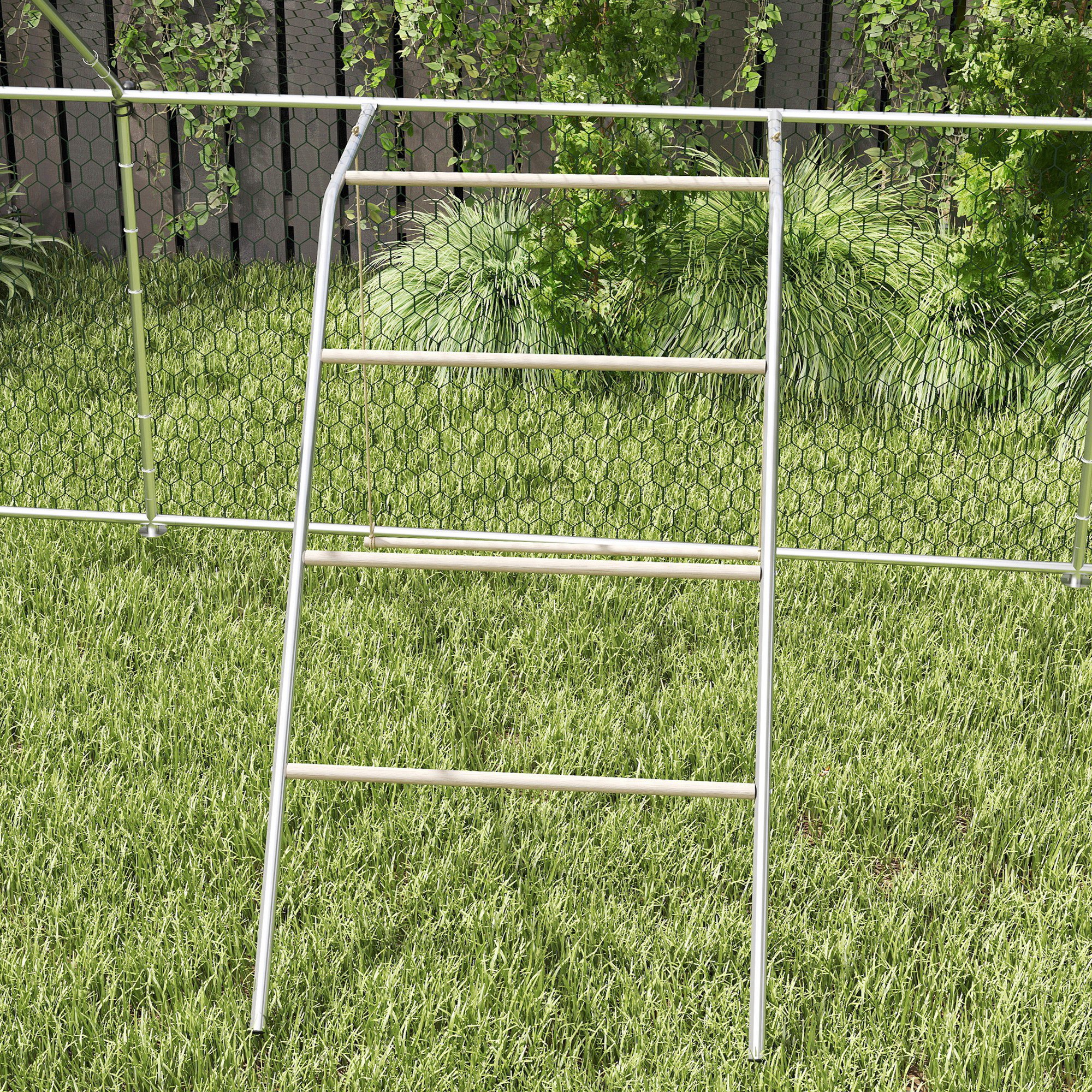 Hühner Spielgerüst aus Holz, Spielplatz für Hühnern mit Hühnerstangen, verstellbar Schaukel, 82 x 150 x 110 cm Silber