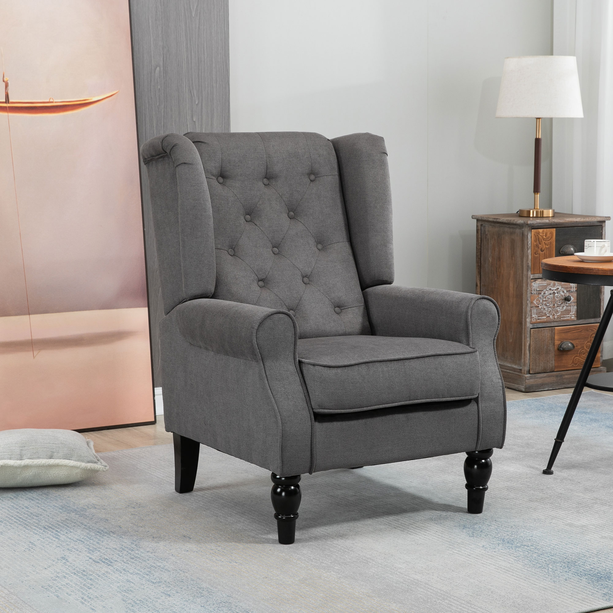 Ohrensessel im Vintage-Design, Lesesessel, Akzentsessel, Holzbeine, Knopfheftung, Grau + Schwarz