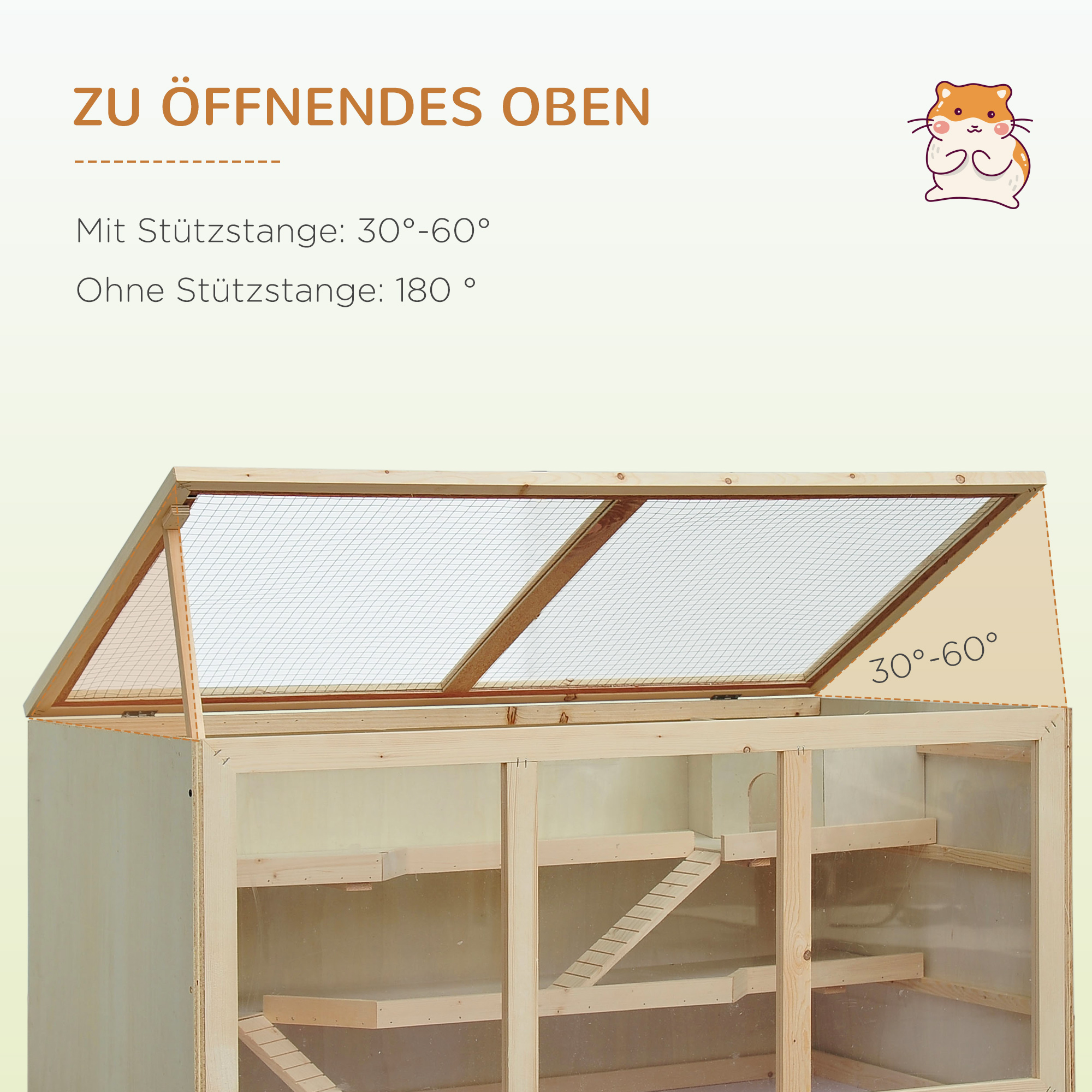 Hamsterkäfig aus Holz 3 Etagen Nagerkäfig mit reinigbar Ablage Kleintierkäfig mit klappbarem Deckel Treppen Holzkäfig Käfig für Hamster Zwerghamster 115 x 57 x 55 cm Naturholz