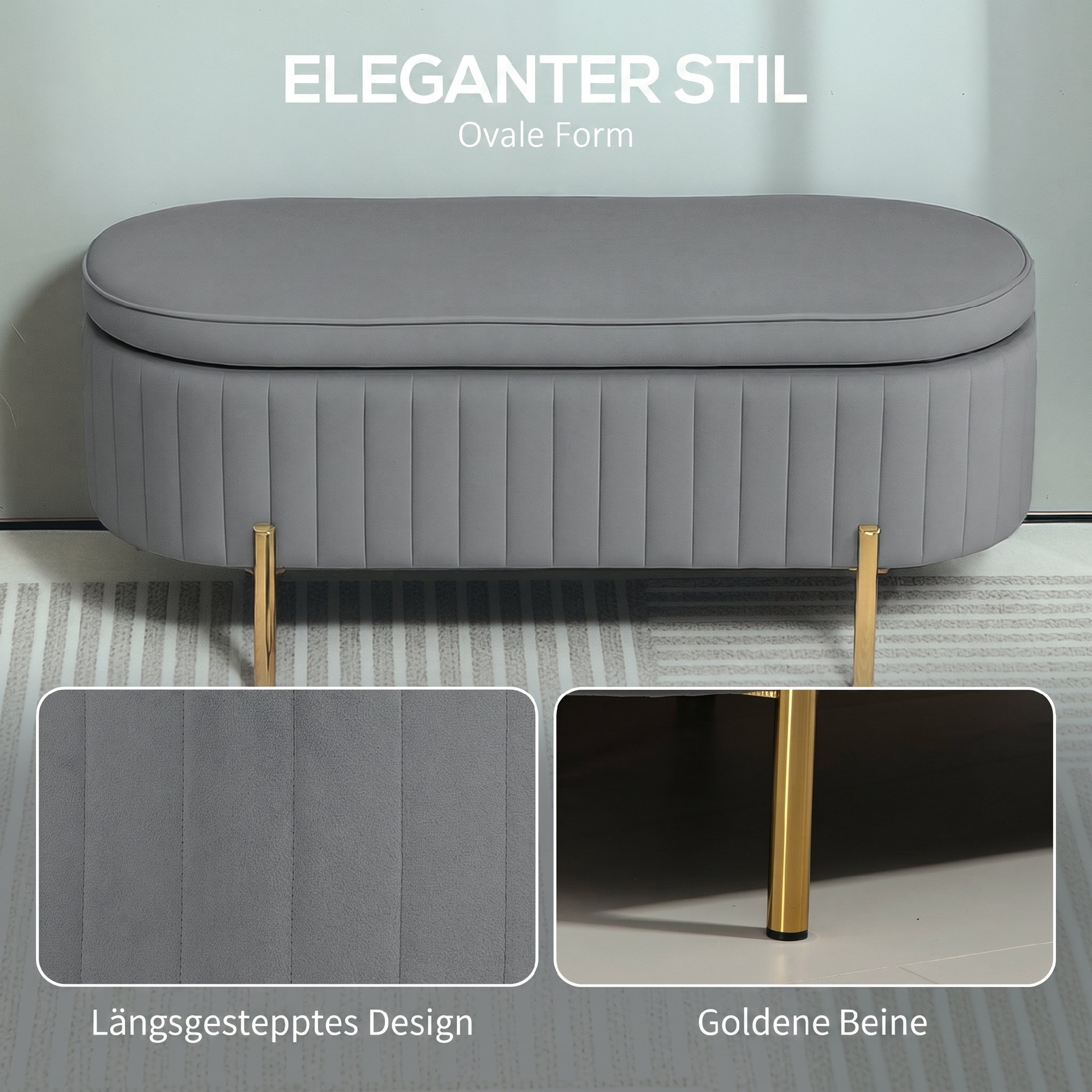 Sitzbank mit Klappdeckel und Stauraum, Stoffbezug, Holz, Metall, Grau+Goldfarben
