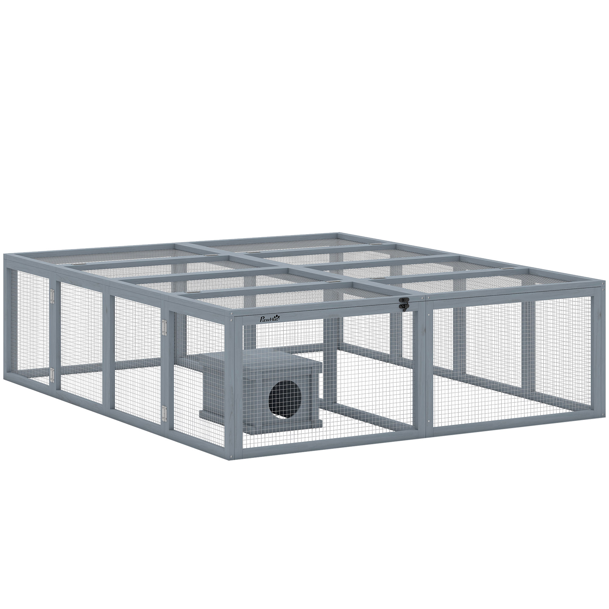 Freilaufgehege Kaninchenstall aus Holz mit 2 Türen Unterschlupfhaus für 2-4 Zwergkaninchen 180,4 x 150 x 48 cm Grau