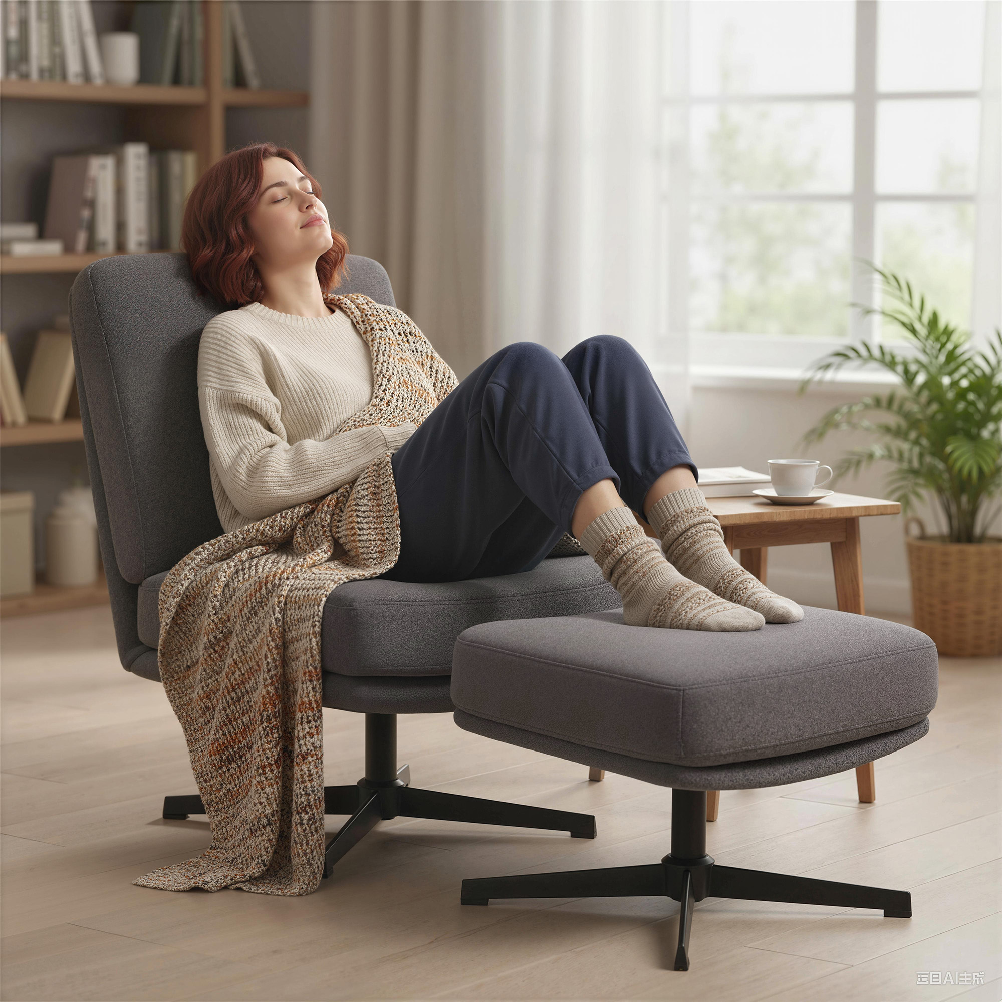 Sessel mit Hocker Drehbar Loungesessel mit Leinenoptik für Wohnzimmer Dunkelgrau