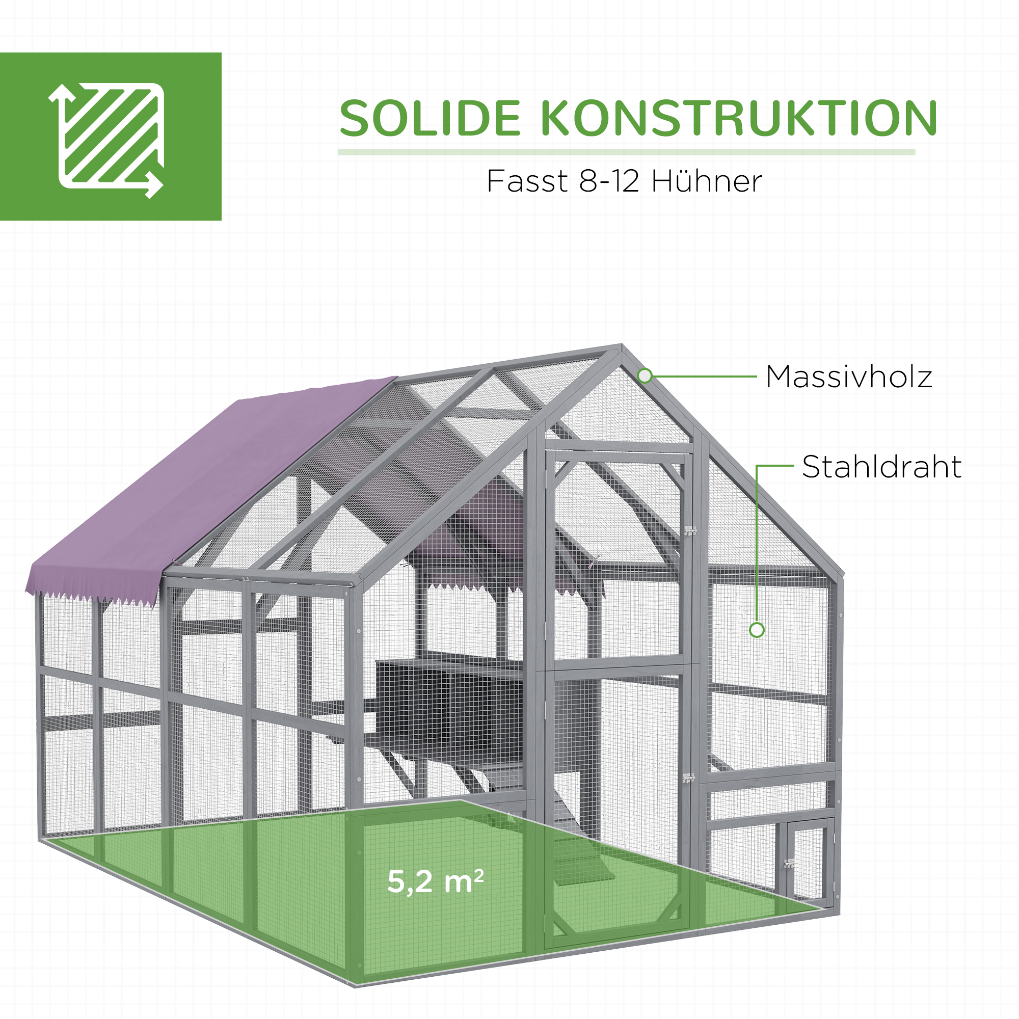 Hühnerstall Hühnerhaus Hühnerhütte, begehbar, wetterbeständig, 280 x 185,5 x 188 cm, Grau
