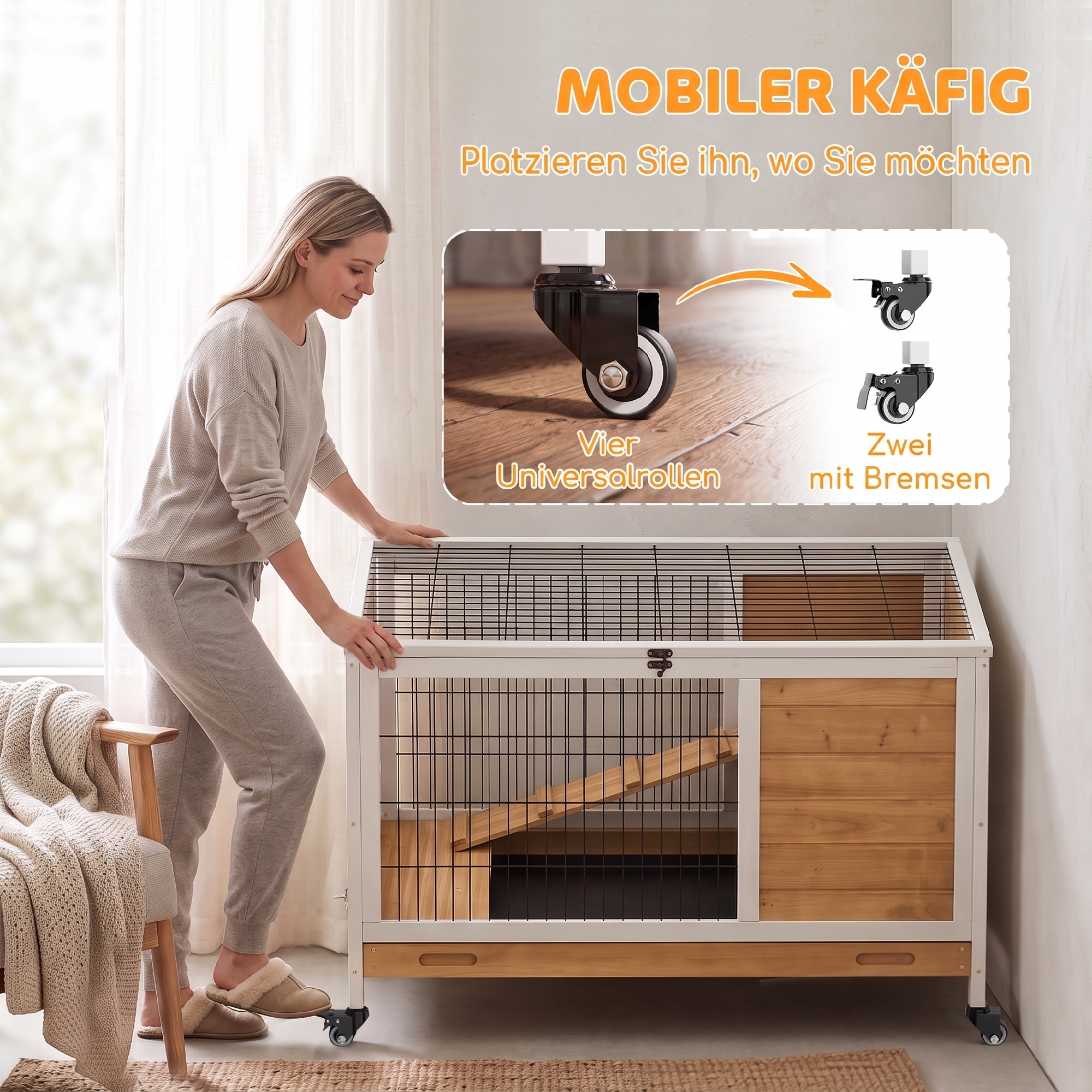 Kaninchenstall aus Holz Hasenstall mit 2 Etagen Klappdach Rädern Zwei Eingängen Rampe Ausziehbarem Tablett 90x53x59cm