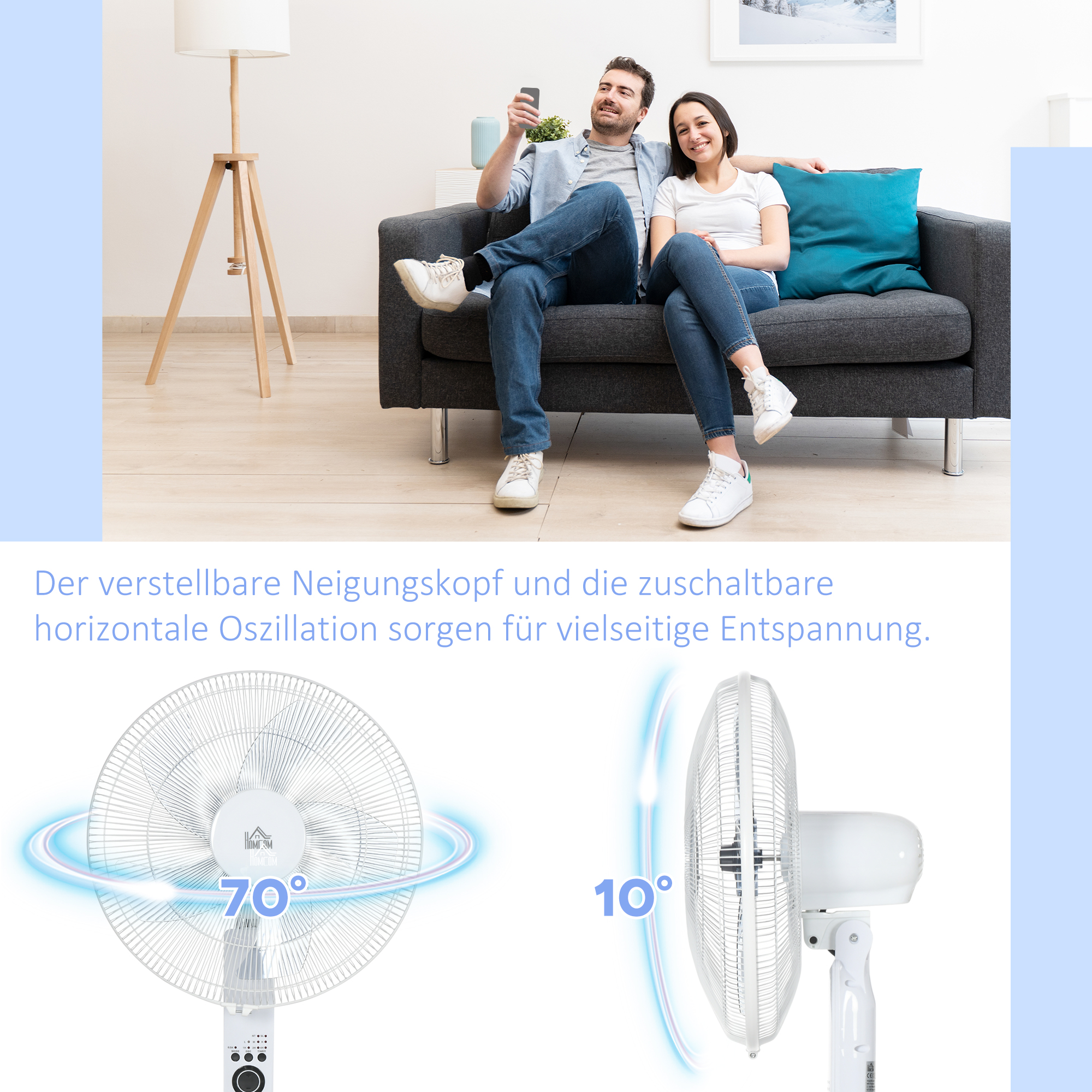 Standventilator Lüfter Fernbedienung Höhenverstellbar 3 Geschwindigkeitsstufen Metall, Weiß, Ø44,5 x H110-124 cm