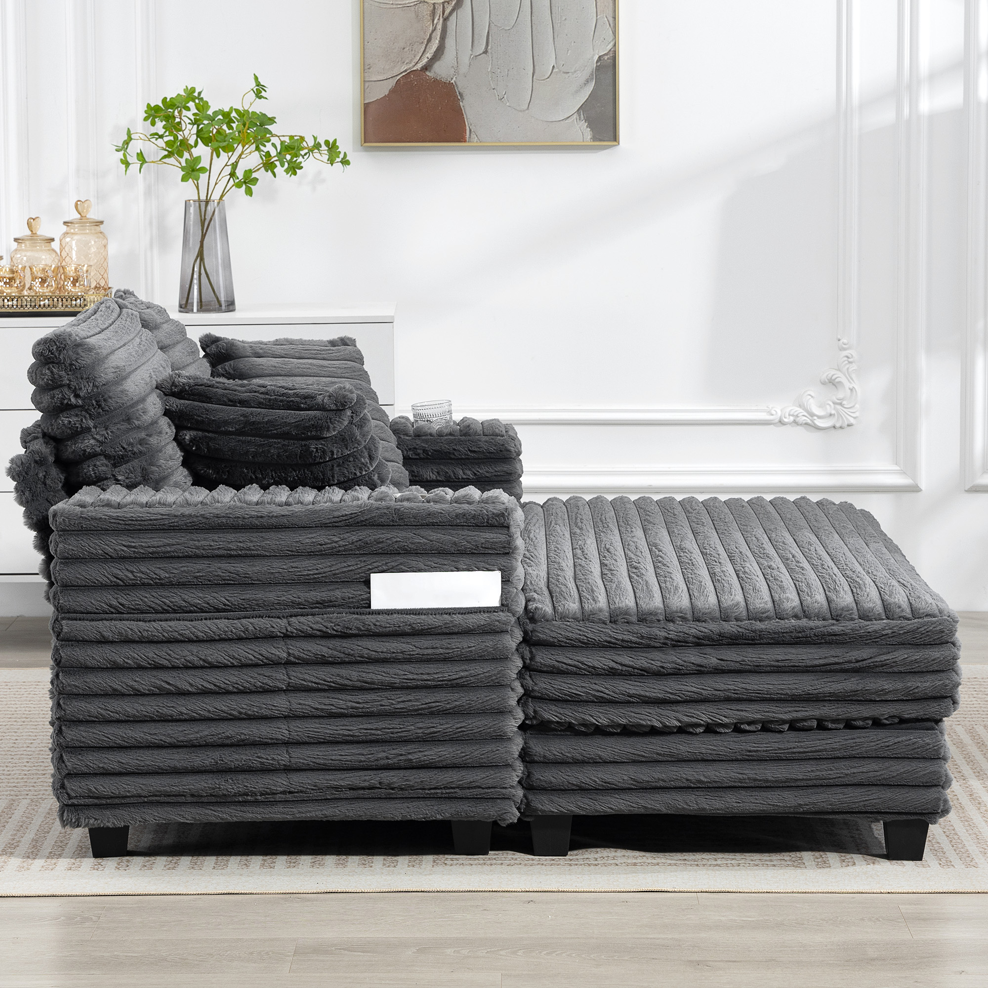 Chaiselongue 2 Sitzer Groß Schlafsofa 134 x 151 cm mit Becherhalter für Wohnzimmer, Grau