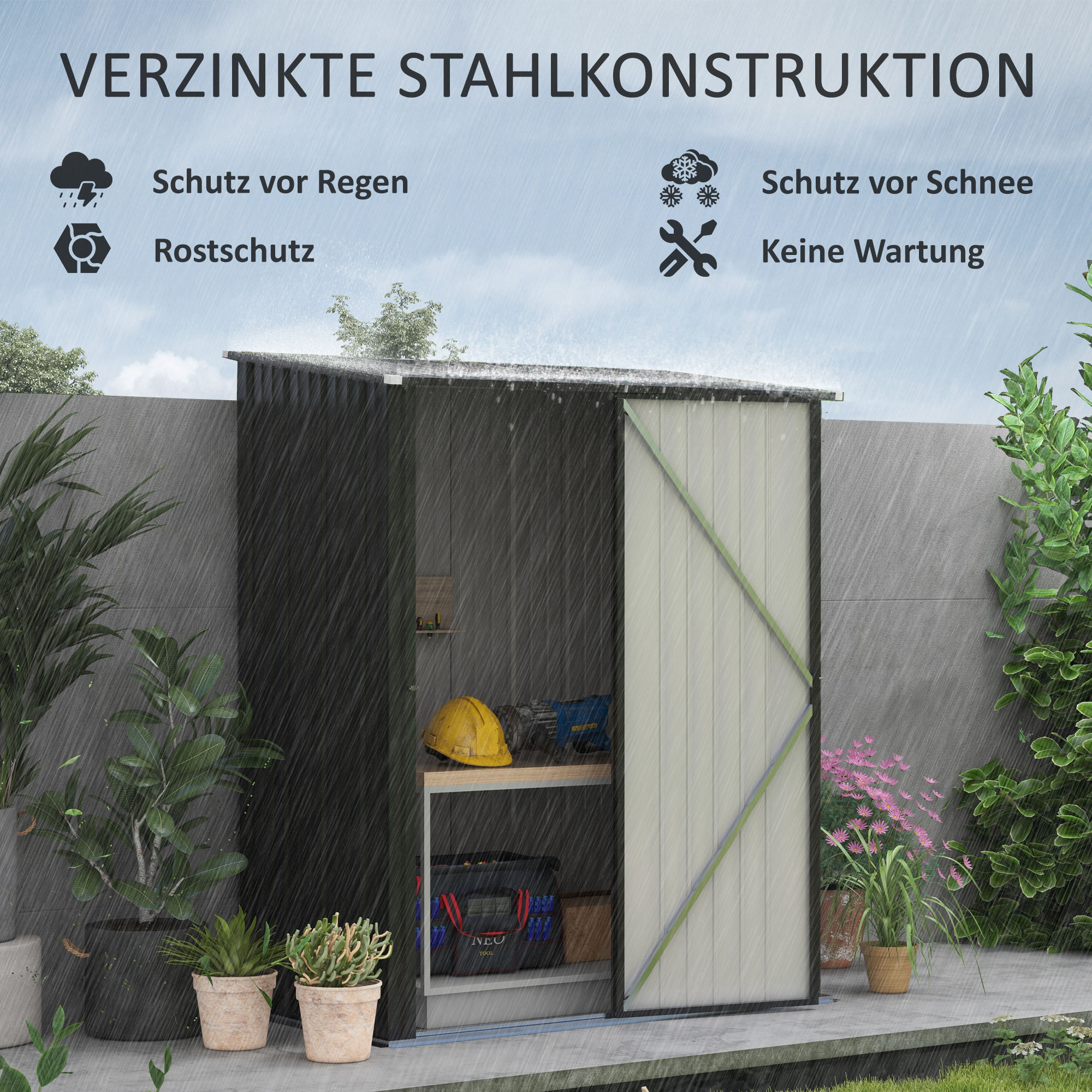 Gartenschuppen Geräteschuppen, verschließbare Tür, wetterbeständig, inkl, Regale, 161,5 cm x 94,5 cm x 196 cm, Schwarz
