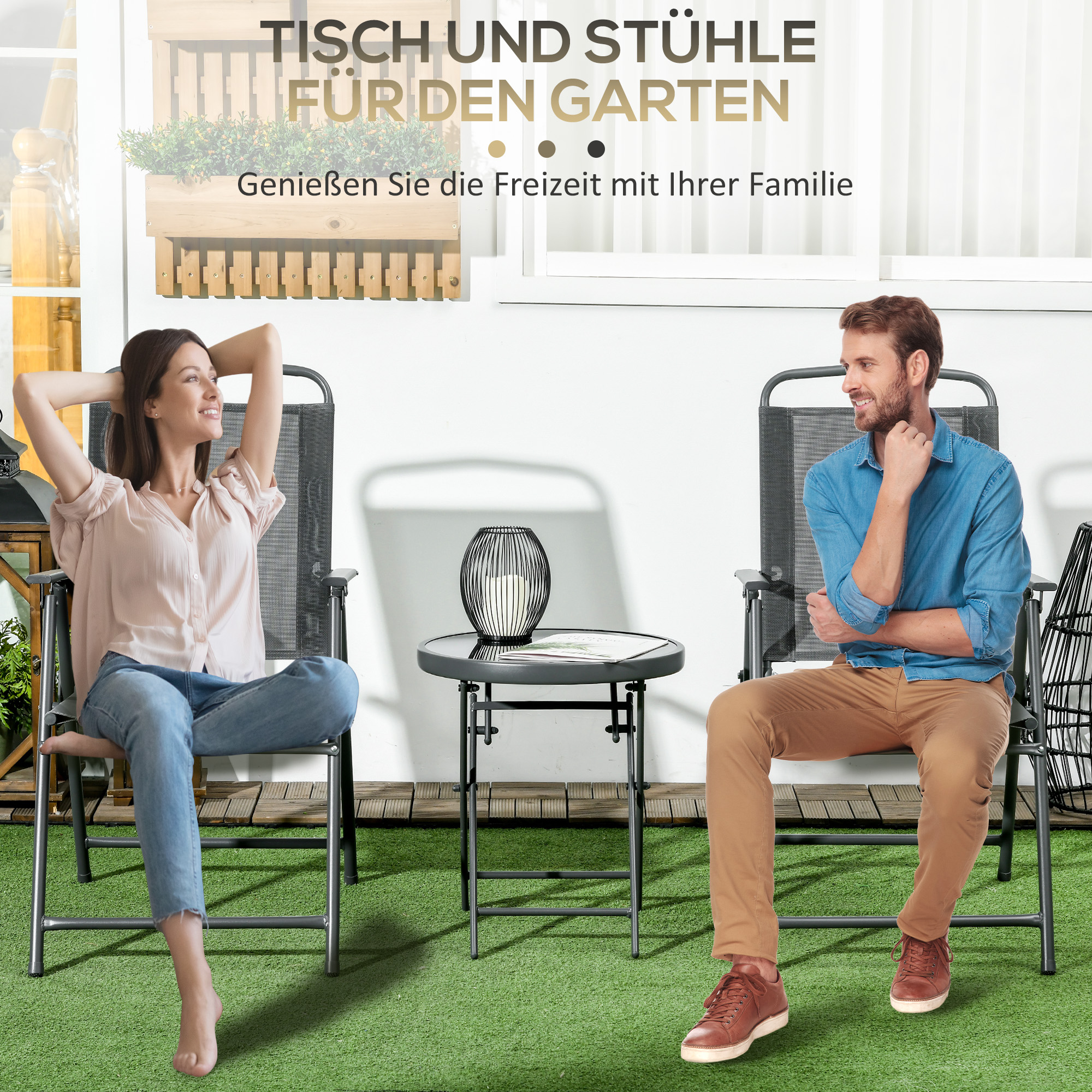 Bistro-Set 3-teilig aus Metall Wetterfest Gartenmöbel Set mit klappbar Glastisch Gartenstühlen Dunkelgrau