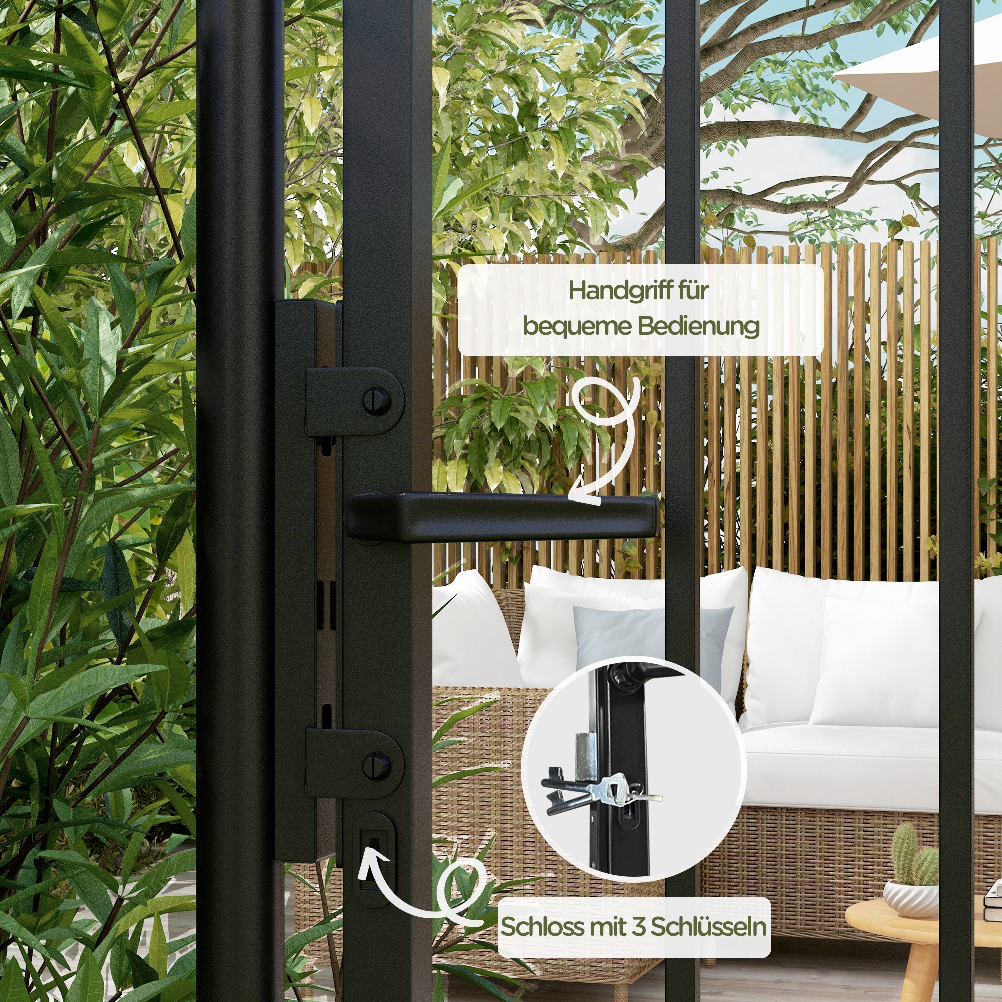 Gartentor, Schloss und Schlüssel, dekorative Spitzen, rostfreier Stahl, 107x204cm, Schwarz