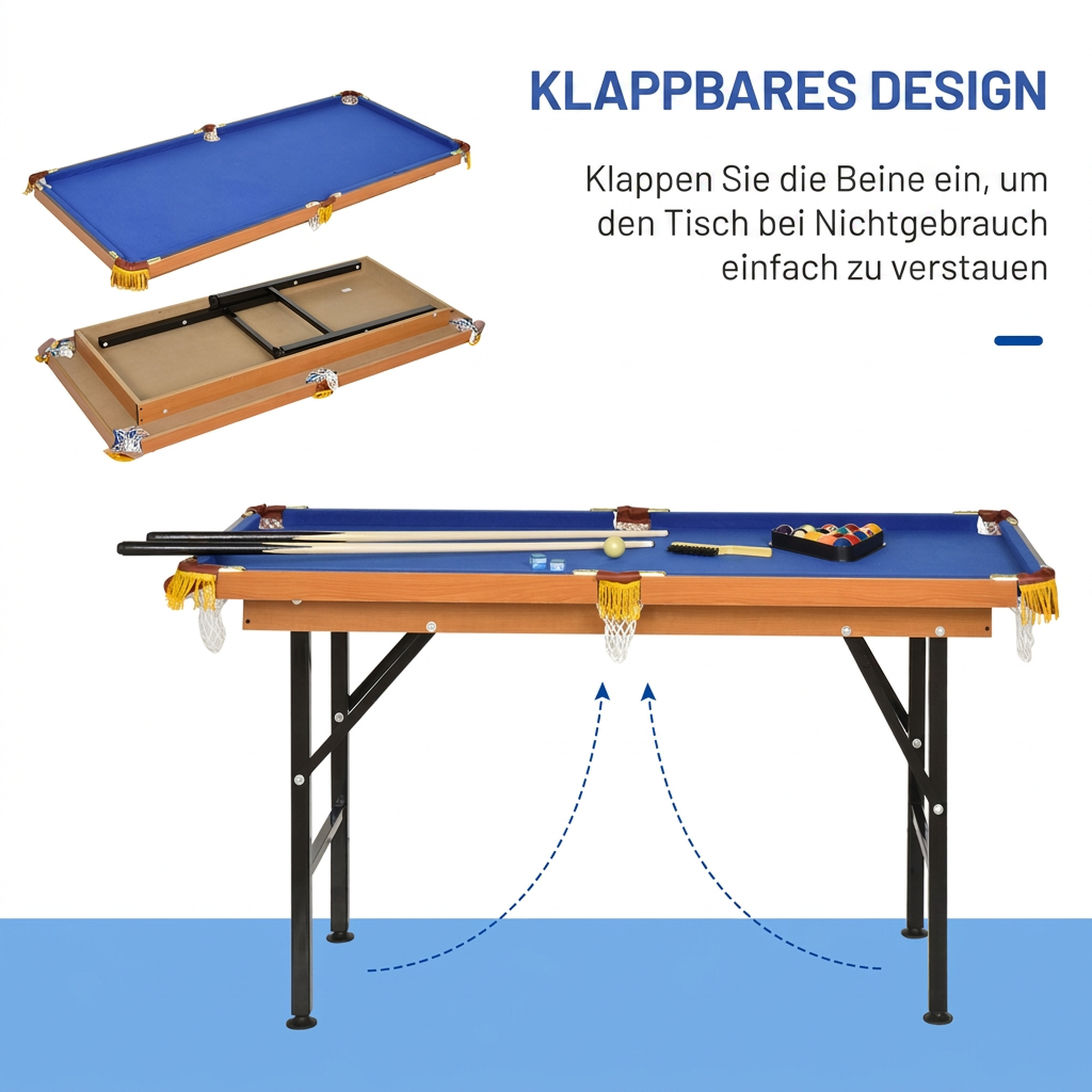 Billardtisch Klappbar Mini Billiard Tisch mit 2 Queues 16 Bällen Kreide Dreieck, Zubehör 140 x 63 x 75 cm