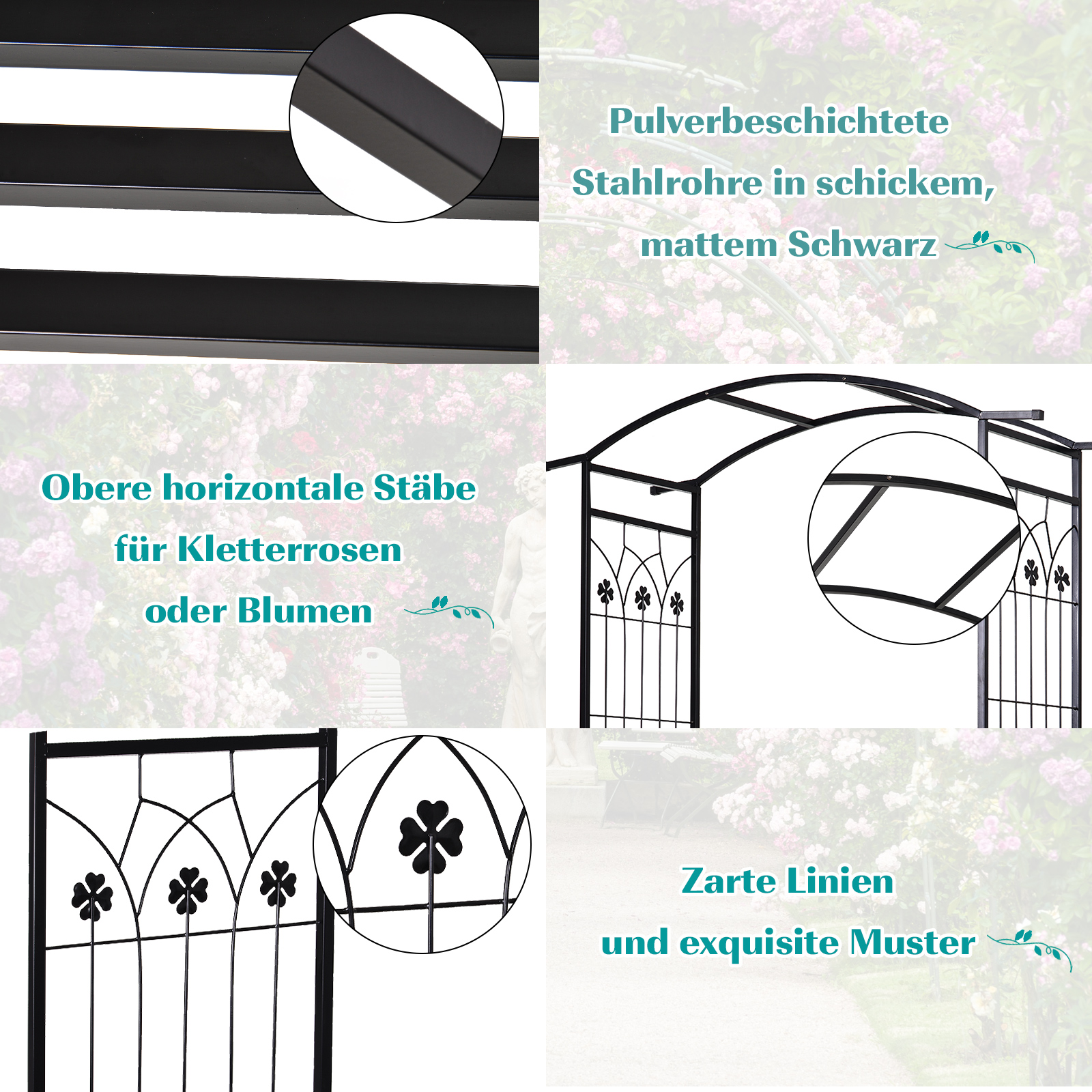 Pflanzbogen mit Bank Sitzbank Torbogen Rankgitter Rankhilfe Garten Bogendach Metall Schwarz 154 x 60 x 205 cm