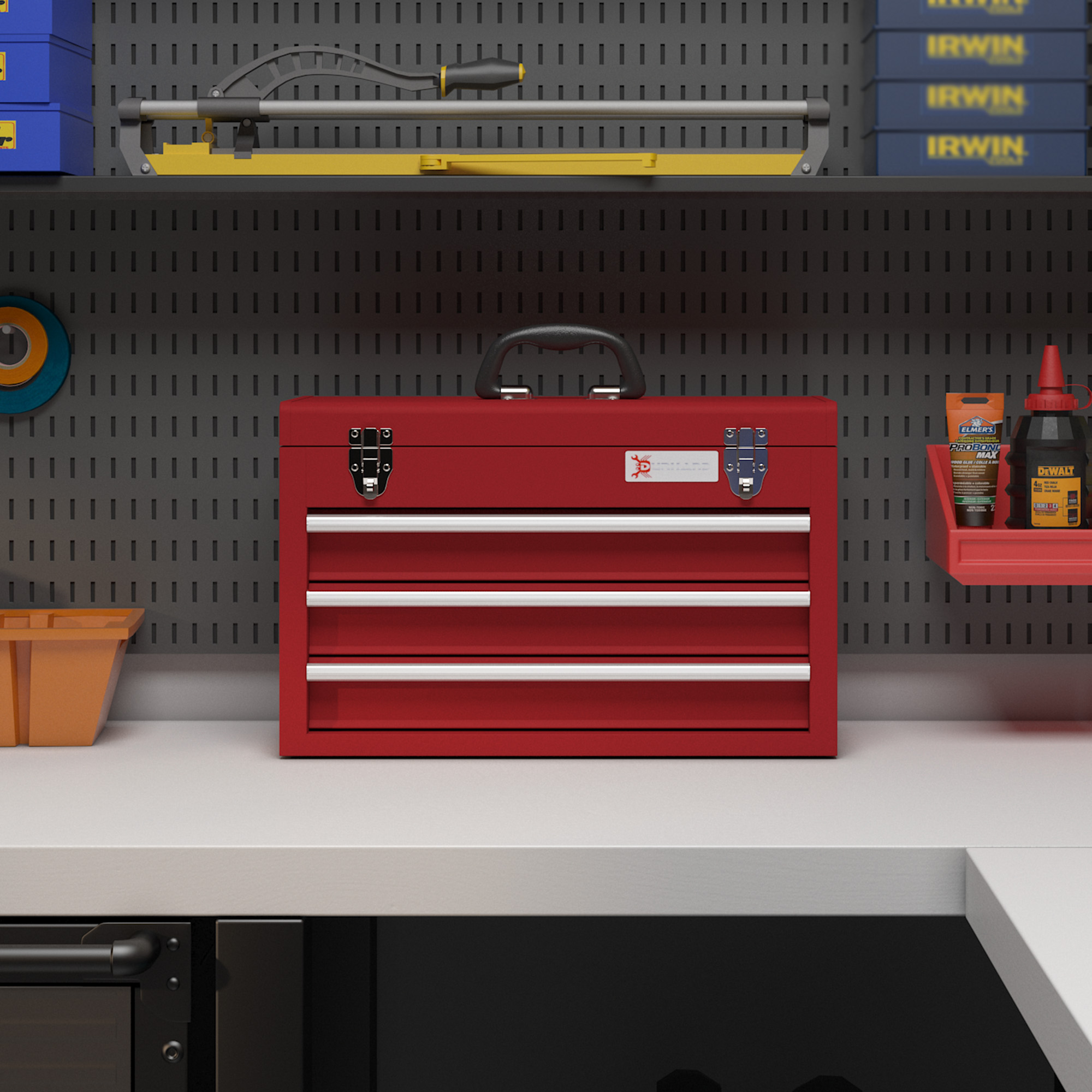 Werkzeugkiste mit 3 Schubladen, oberes Staufach, Stahlverschlüsse, Tragegriff, 51x22x32 cm, Rot