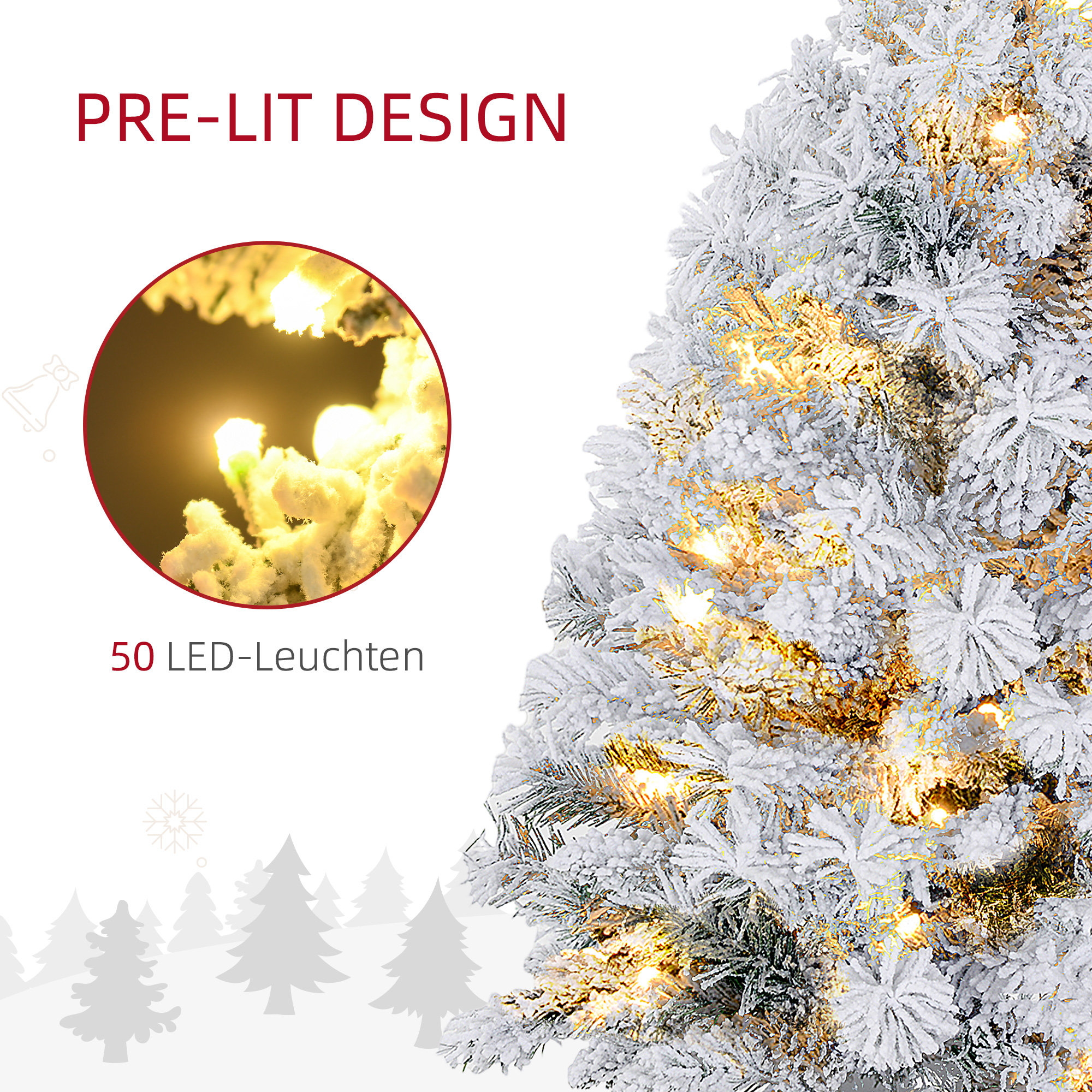 Weihnachtsbaum 92 cm, LED-Lichter, Schneezweige, Tannenzapfen, flammenhemmend, Betonfuß