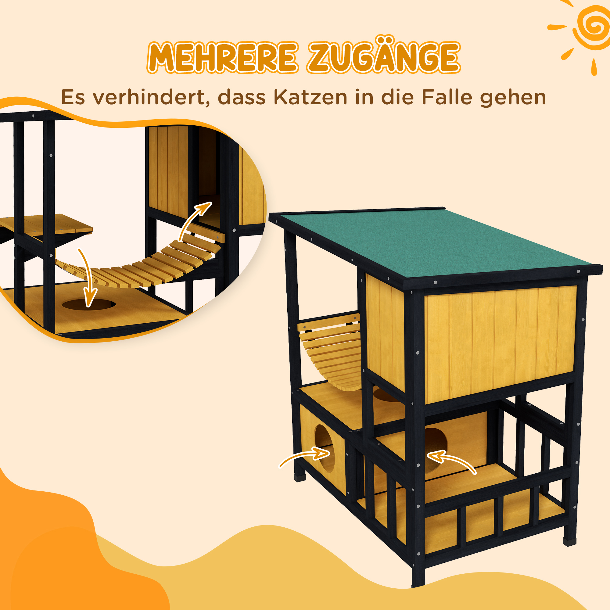 Katzenhaus Katzenhütte Katzenhöhle, wetterbeständig, 1 Rampe, 1 Plattform,  84,5 x 60 x 88 cm, Grün + Natur