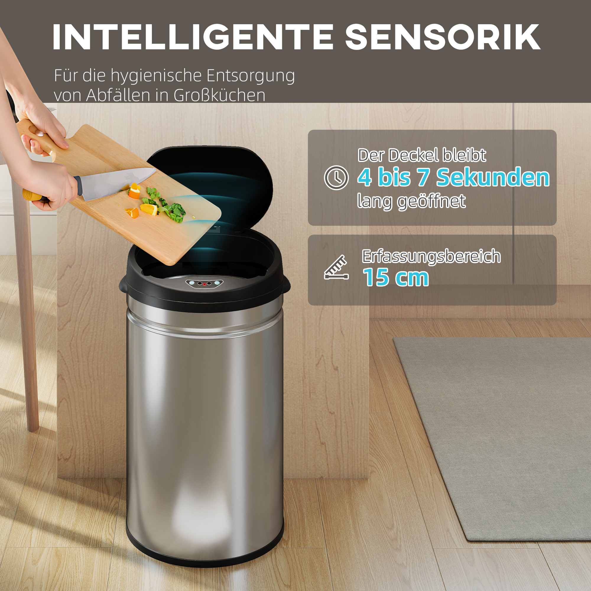 30 Liter Sensor-Mülleimer mit Soft-Close-Funktion, berührungsfreier Abfalleimer aus Edelstahl für hygienische Küchen
