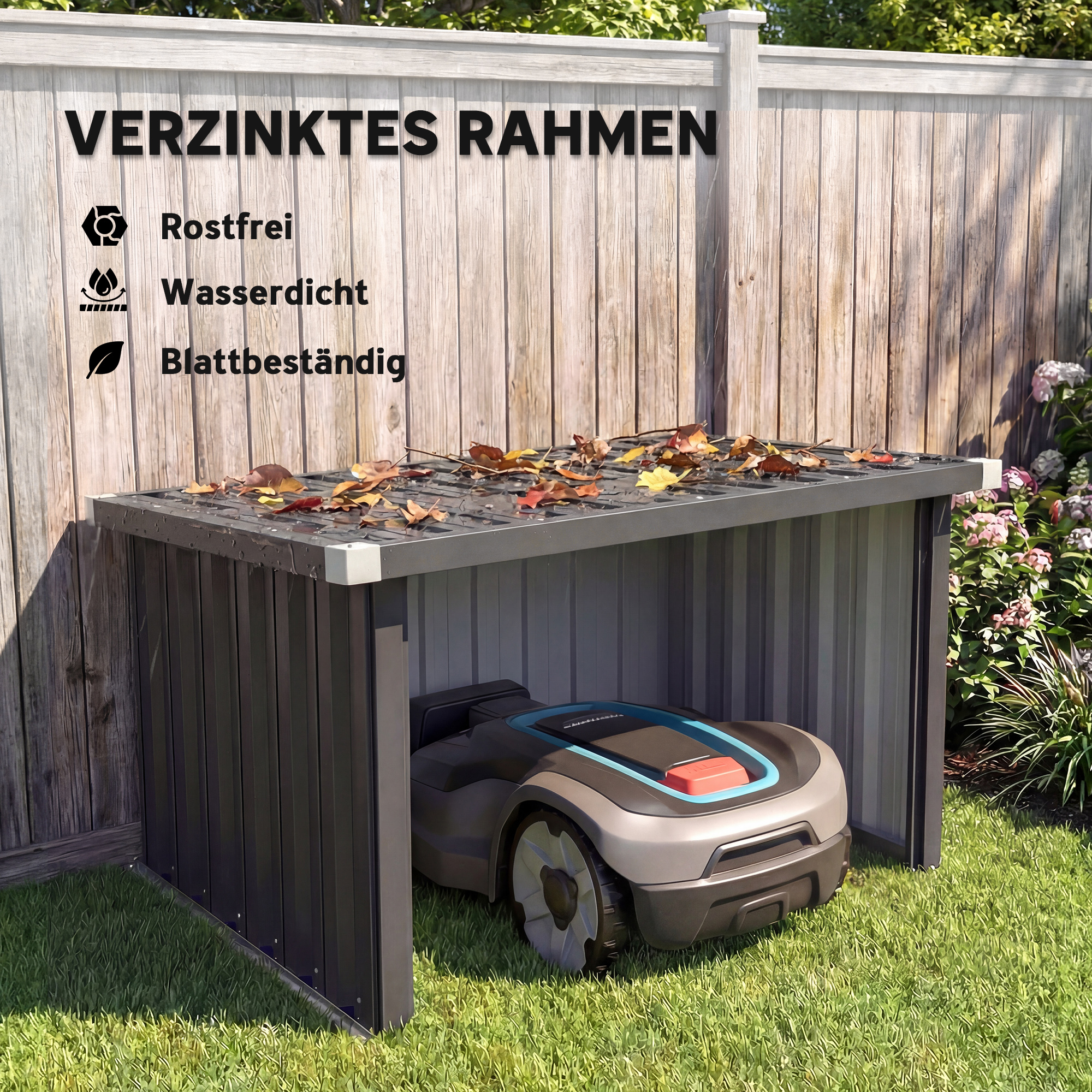 Mähroboter Garage Stahl 108 x 86 x 62,5 cm Rasenroboter Garage mit Pultdach Schutzkante Verzinkte Stahl