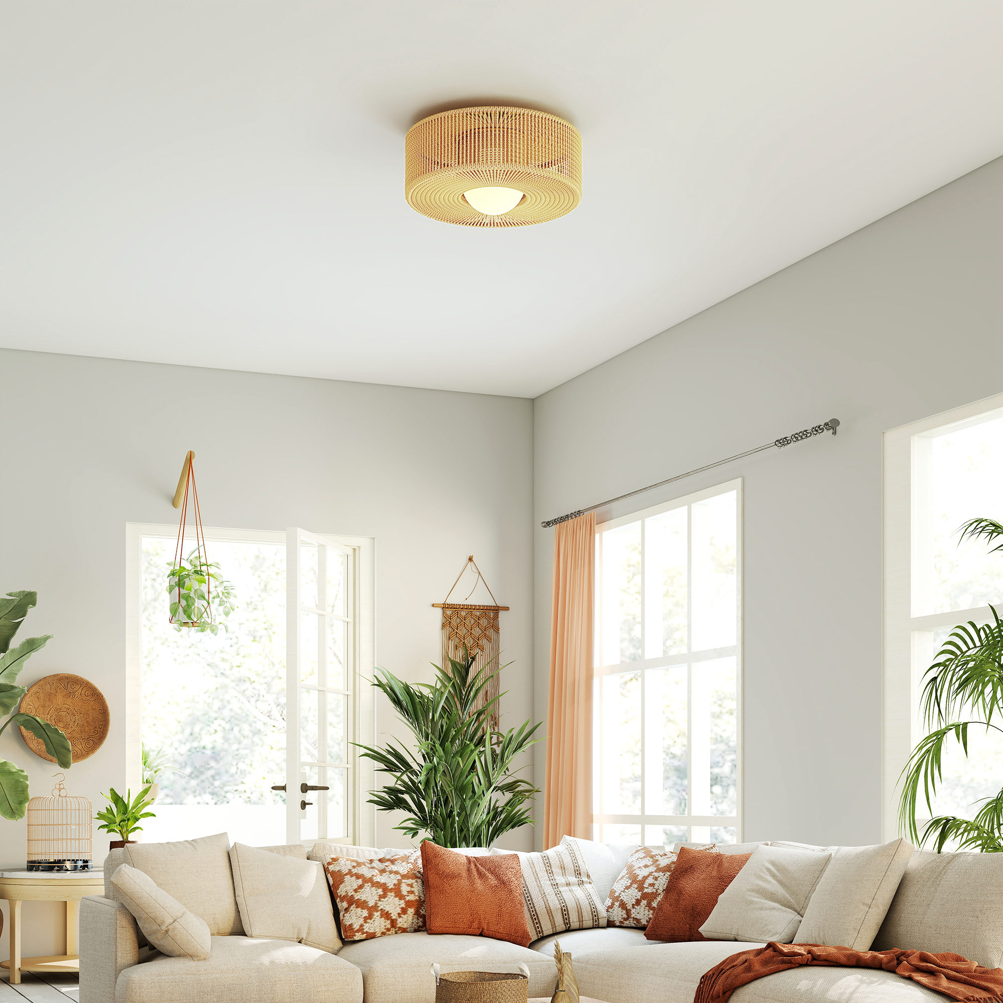 Deckenleuchte, Boho-Deckenlampe Hängend mit G9 LED Fassung, Lampenschirm aus Hanfseil Rund