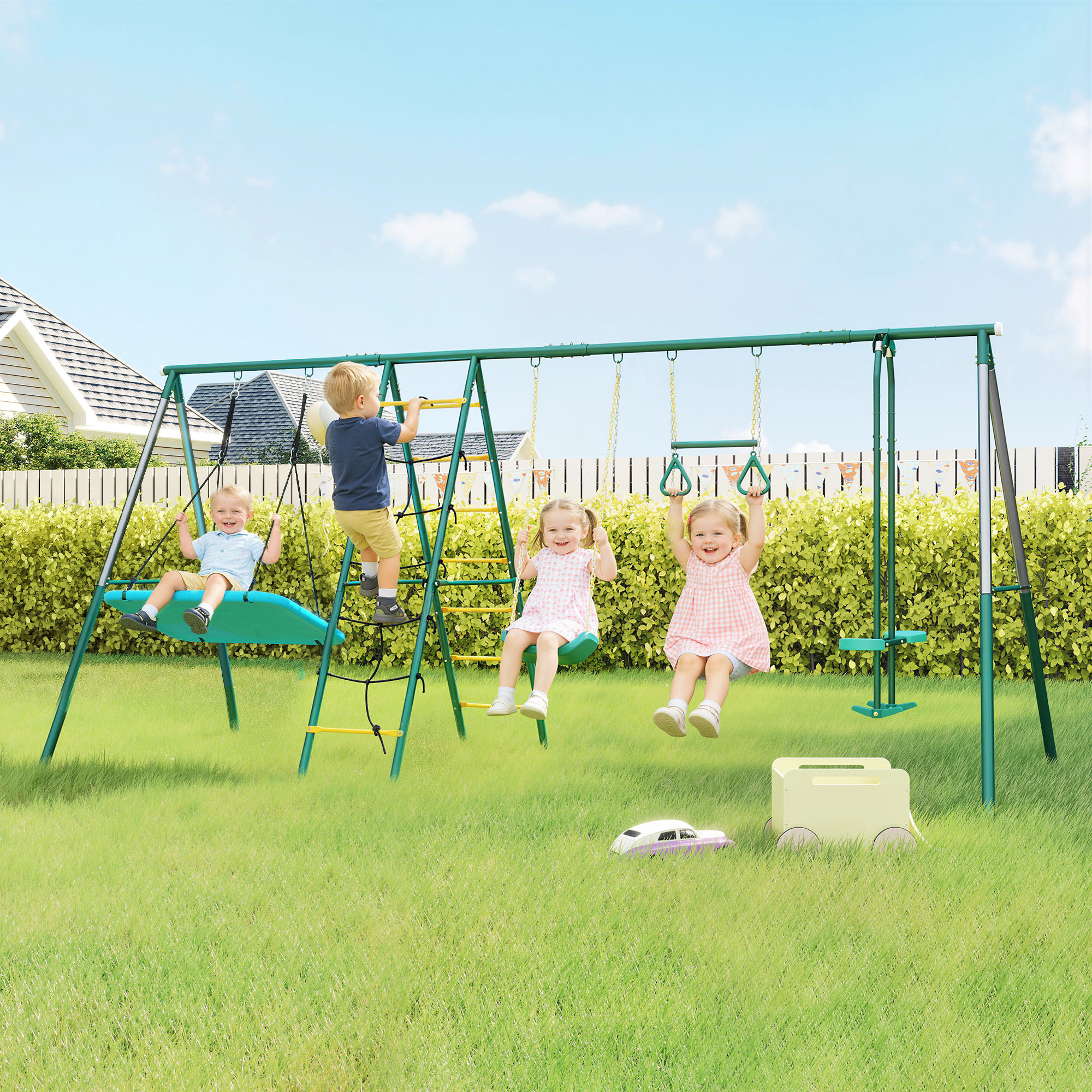 5-in-1 Schaukelgestell mit verstellbarer Nestschaukel Turnringe Doppelsitzer Klettergerüst für 3-8 Jahre 440x175x203 cm