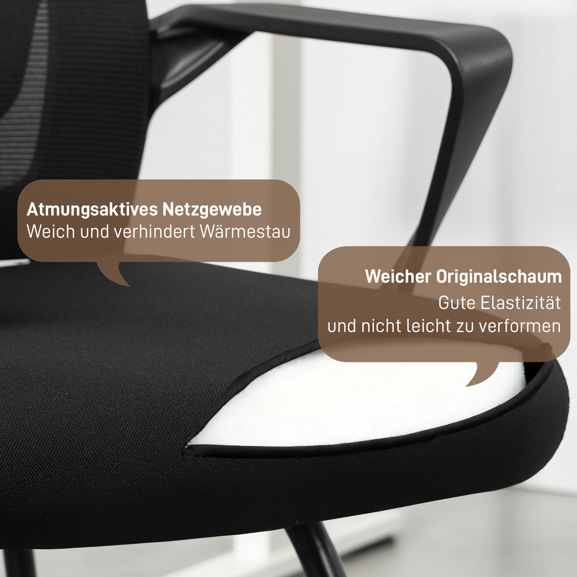 Bürostuhl Besucherstuhl mit Armlehne, Lendenstütze, Netzbespannung für Büro, Konferenzraum Schwarz