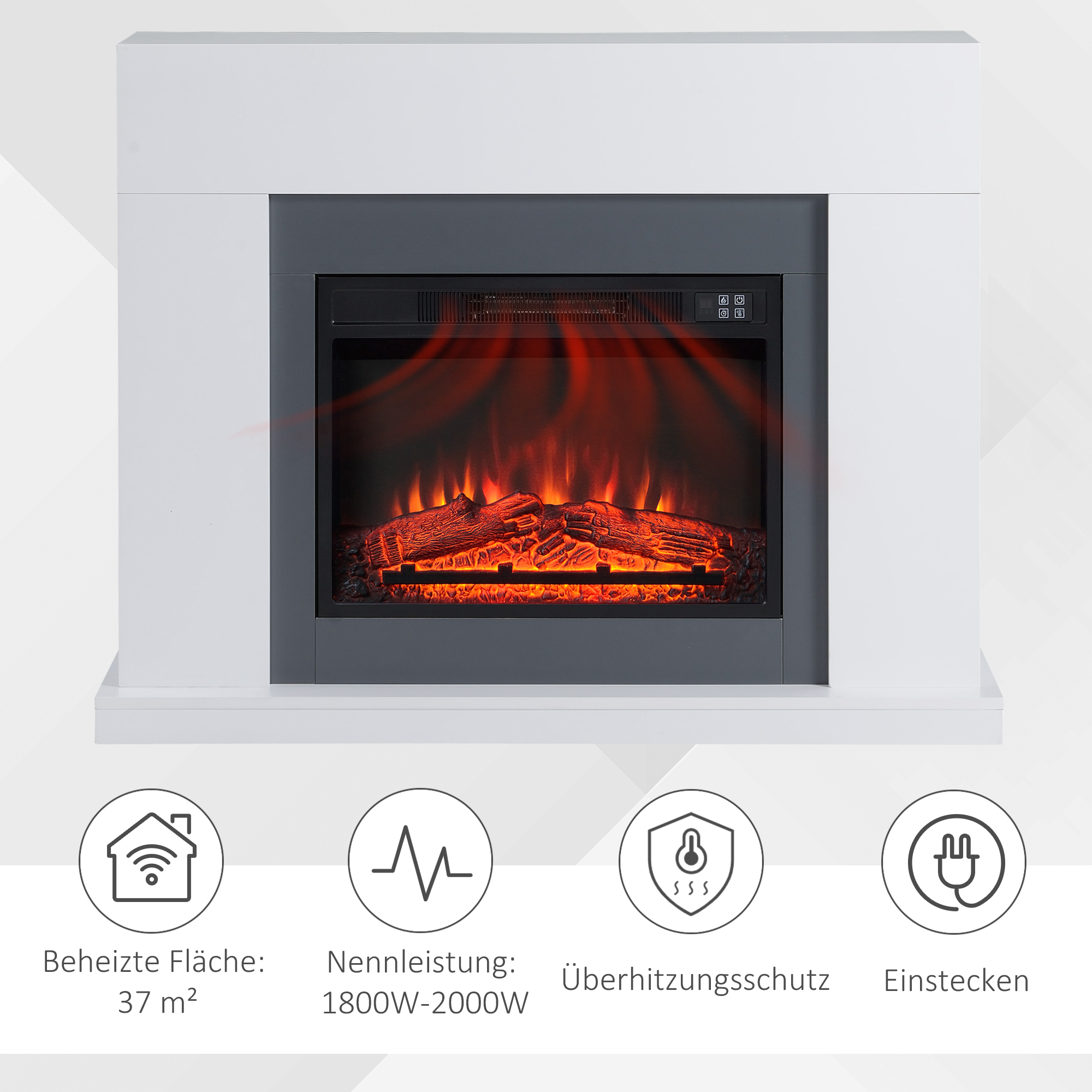 LED Elektrokamin Standkamin Kaminofen mit Flammeneffekt 1800/2000W Innenraumheizung mit Holzrahmen Dekokamin MDF Weiß 113 x 26,6 x 87,5 cm