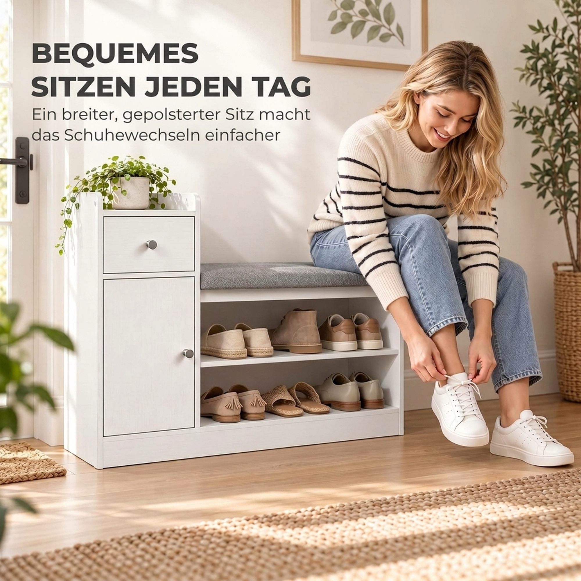 Schuhbank mit Sitzkissen Schublade und offenen Ablagen Flurbank 90x29,8x67,8cm Weiß