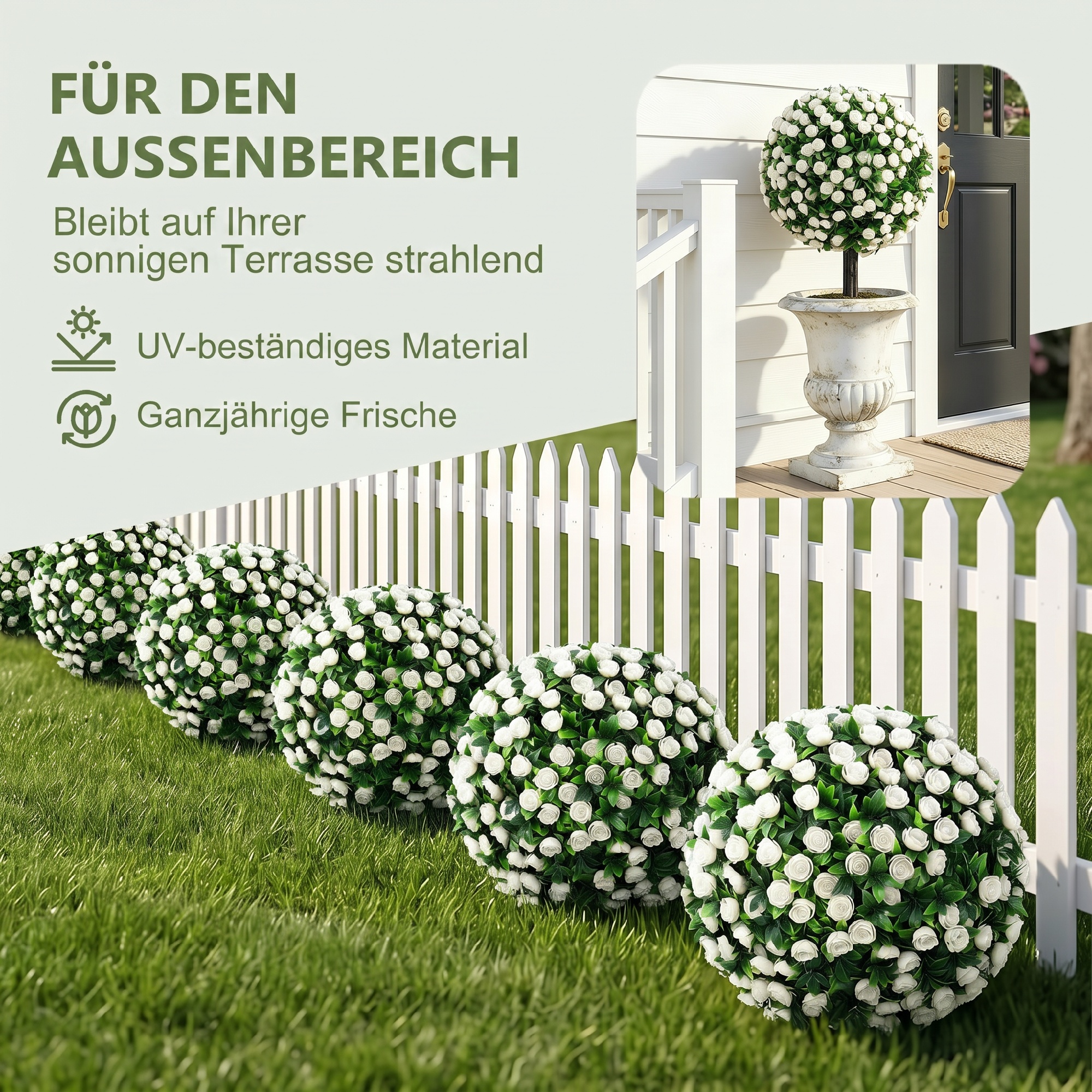 Künstliche Rosenkugeln UV-beständig für den Außenbereich, Set aus 2 Rosenbäumen, 55 cm, Weiß
