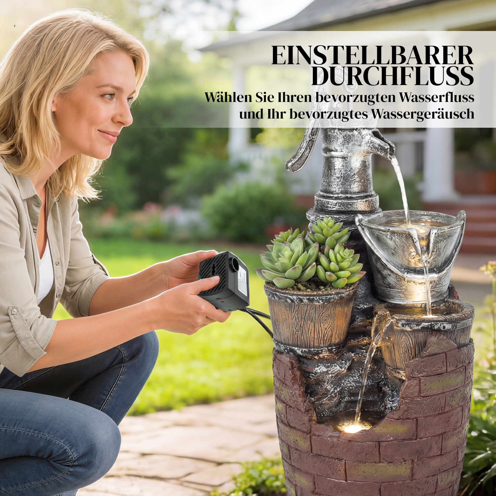 Springbrunnen 4-stufig rustikal Gartenbrunnen mit LED Beleuchtung Pflanzkübel Pumpe, Verstellbar 34 x 31 x 76 cm