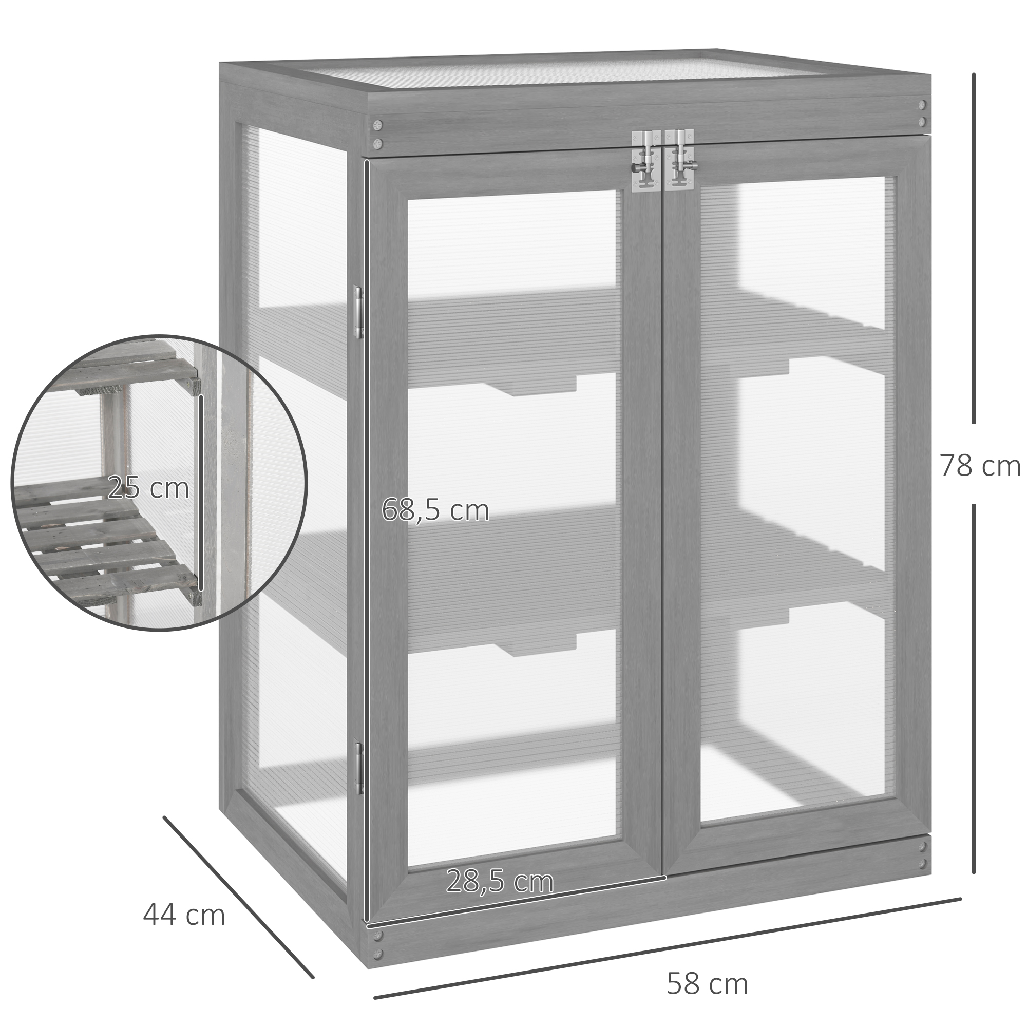 Gewächshaus, Treibhaus, transparent, geeignet für Außenbereiche, Holz+Polycarbonat, 58 x 44 x 78cm