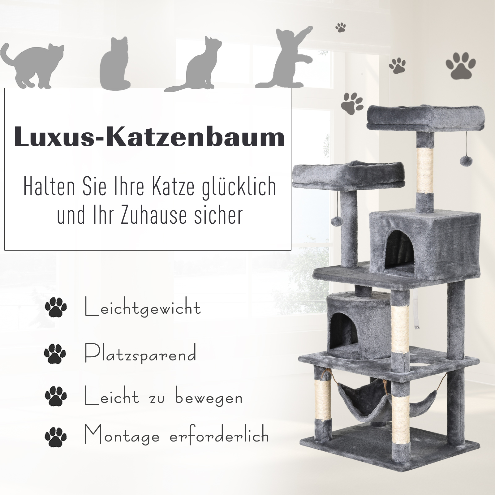 Katzen Kratzbaum groß 145 cm, Katzenbaum mit Hängematte, Kletterbaum für Katzen, Katzenkratzbaum Höhle Katzenmöbel mit Sisalstämmen, Hellgrau
