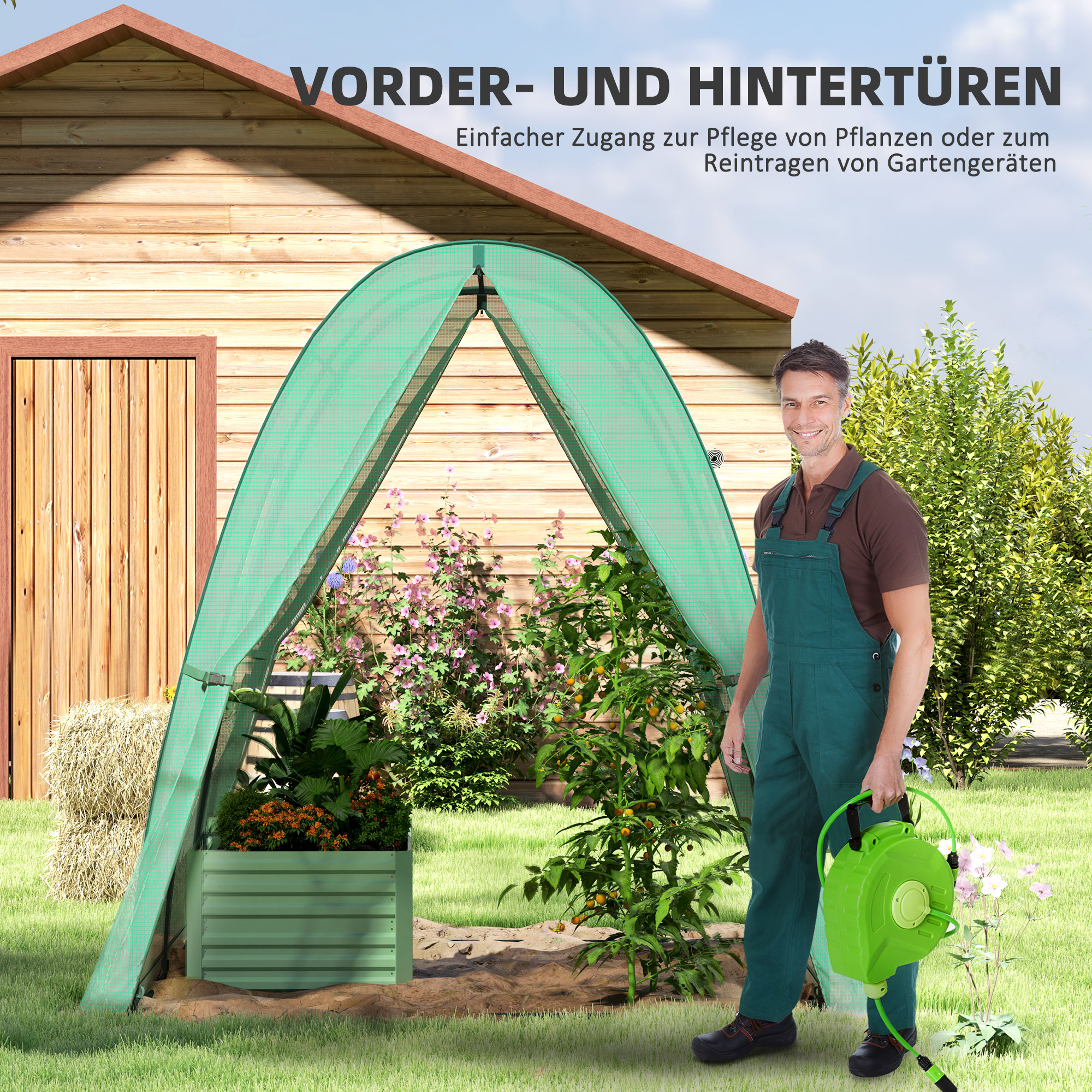 Bogen-Gewächshaus mit Sandsäcken und Kunststoff-Abdeckung, 2 Rolltüren, Netzfenster, tragbar, 1,8 x 1,8 x 2 m, Grün