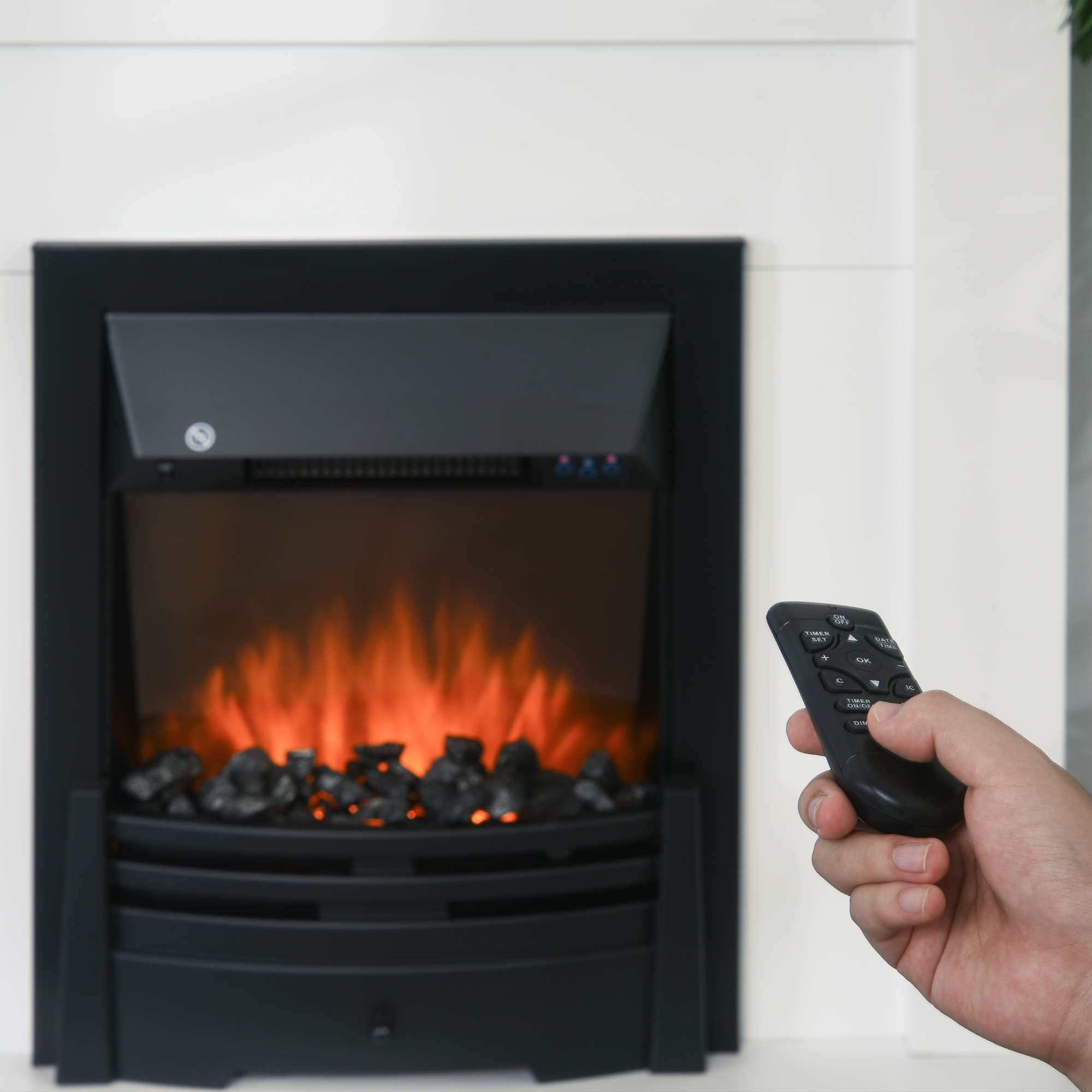 Elektrischer Kamin, 2 Leistungsstufen, Fernbedienung, Timer, realistischer Flammeneffekt, Schwarz+Weiß
