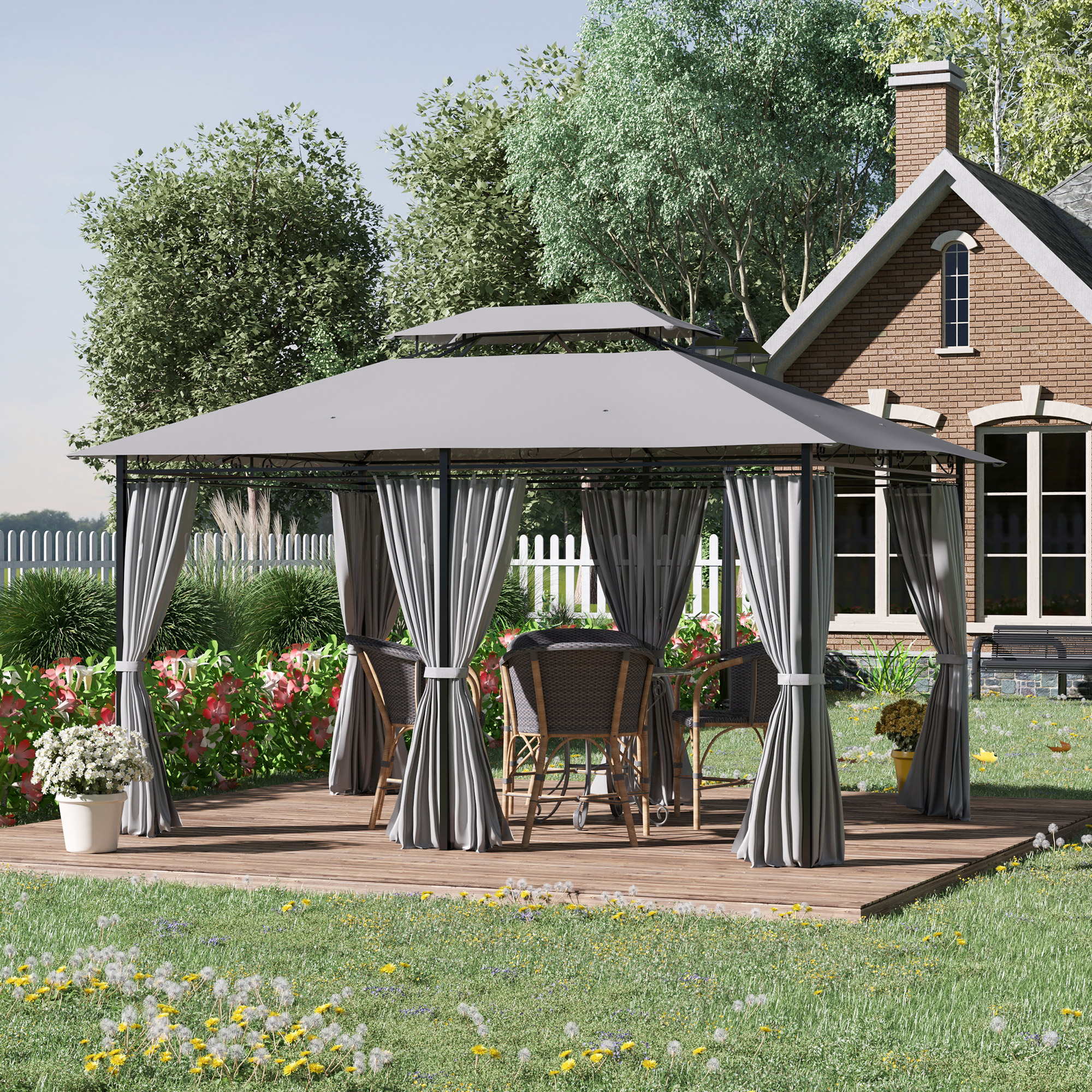 Pavillon 3x4m Gartenpavillon mit 6 Seitenteilen Partyzelt Gartenzelt Festzelt mit Doppeldach Dunkelgrau