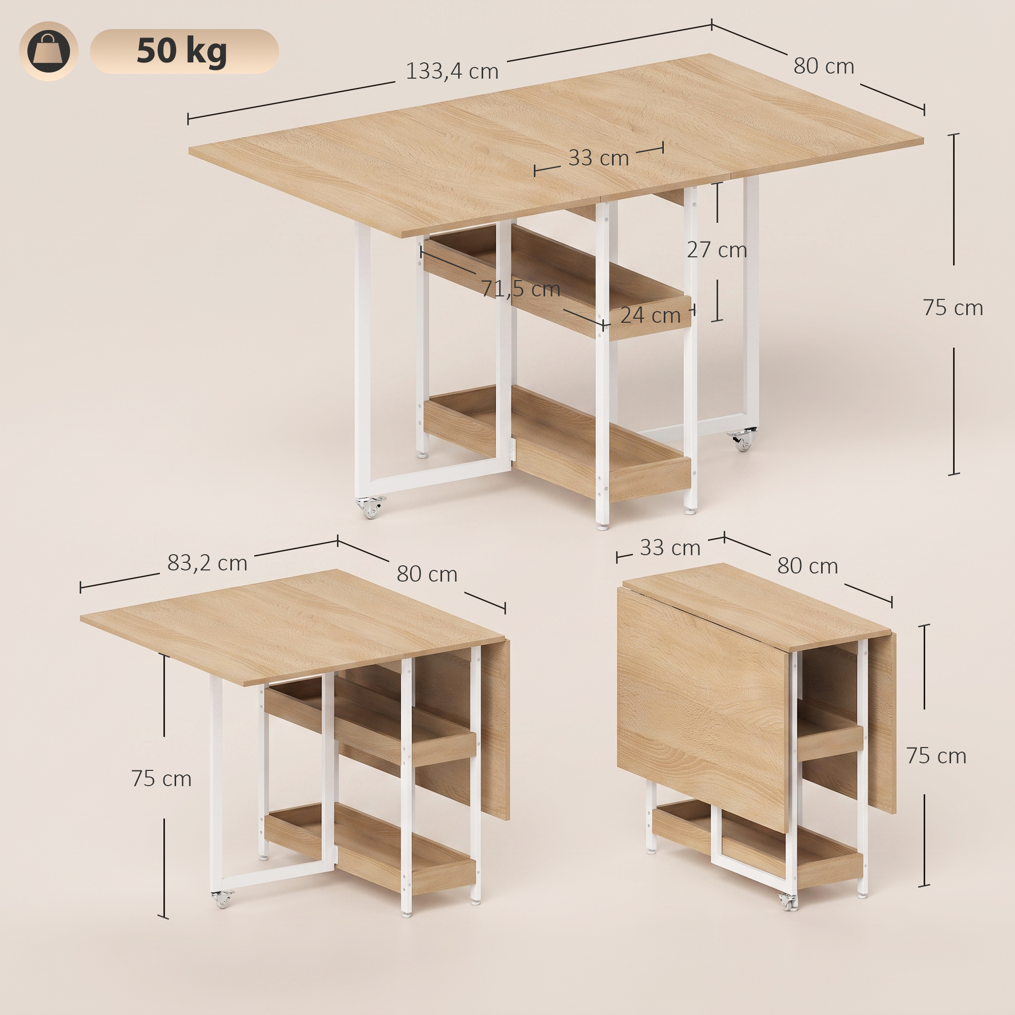 klappbarer Esstisch im Industriedesign, für bis zu 4 Personen, offene Regale, flexibel, Metall, Spanplatte, Holzoptik Natur
