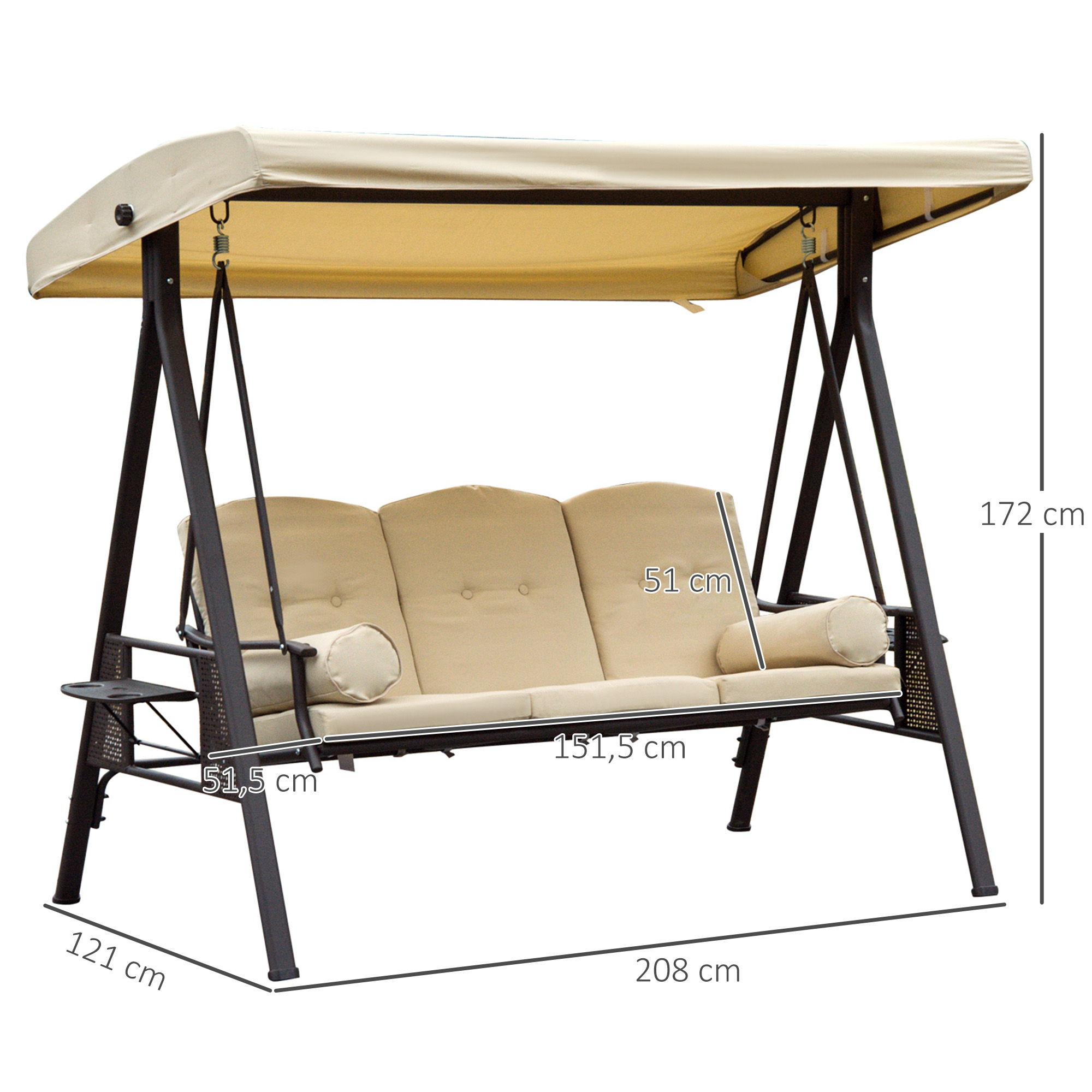 3-Sitzer Hollywoodschaukel mit Sonnendach Beige+Braun 121×208×172 cm