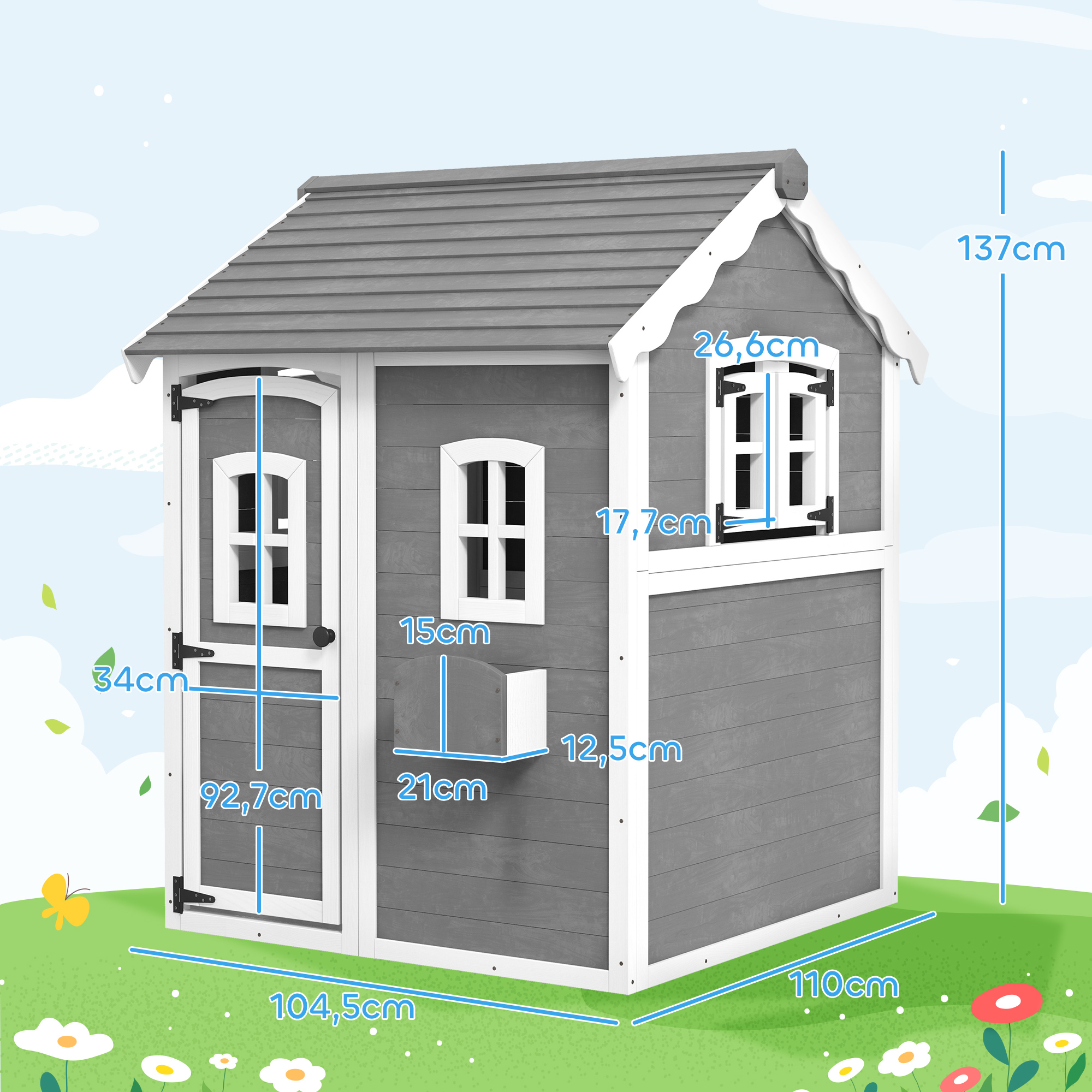 Spielhaus für Kinder, Indoor- und Outdoor-Haus mit Tür, Fenstern und Pflanzkasten, Tannenholz, Grau