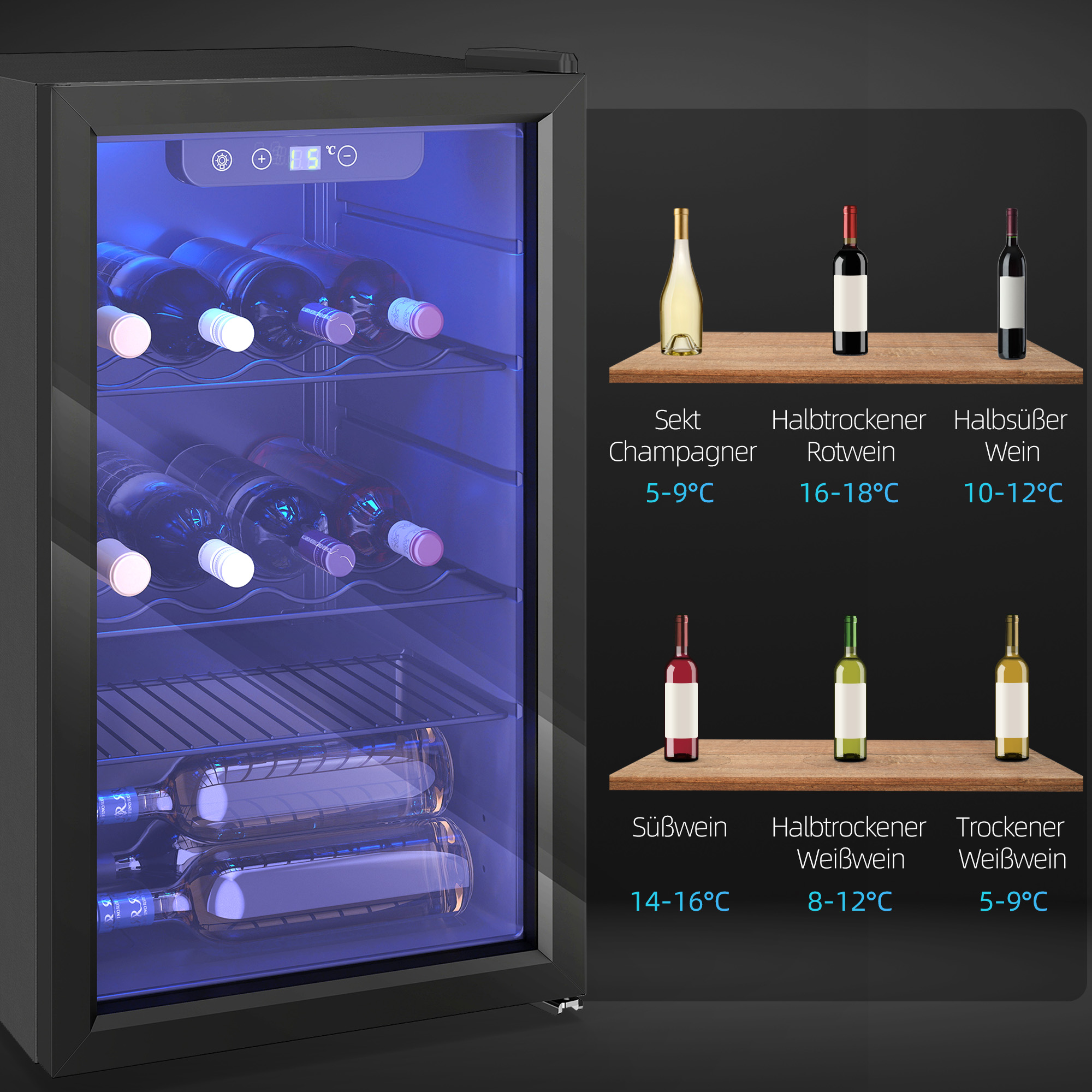 Weinkühlschrank 24 Flaschen, 68 Liter Kapazität, 4–16 °C Standgerät für Getränke, Bier und Wein mit Glas-Tür, Schwarz