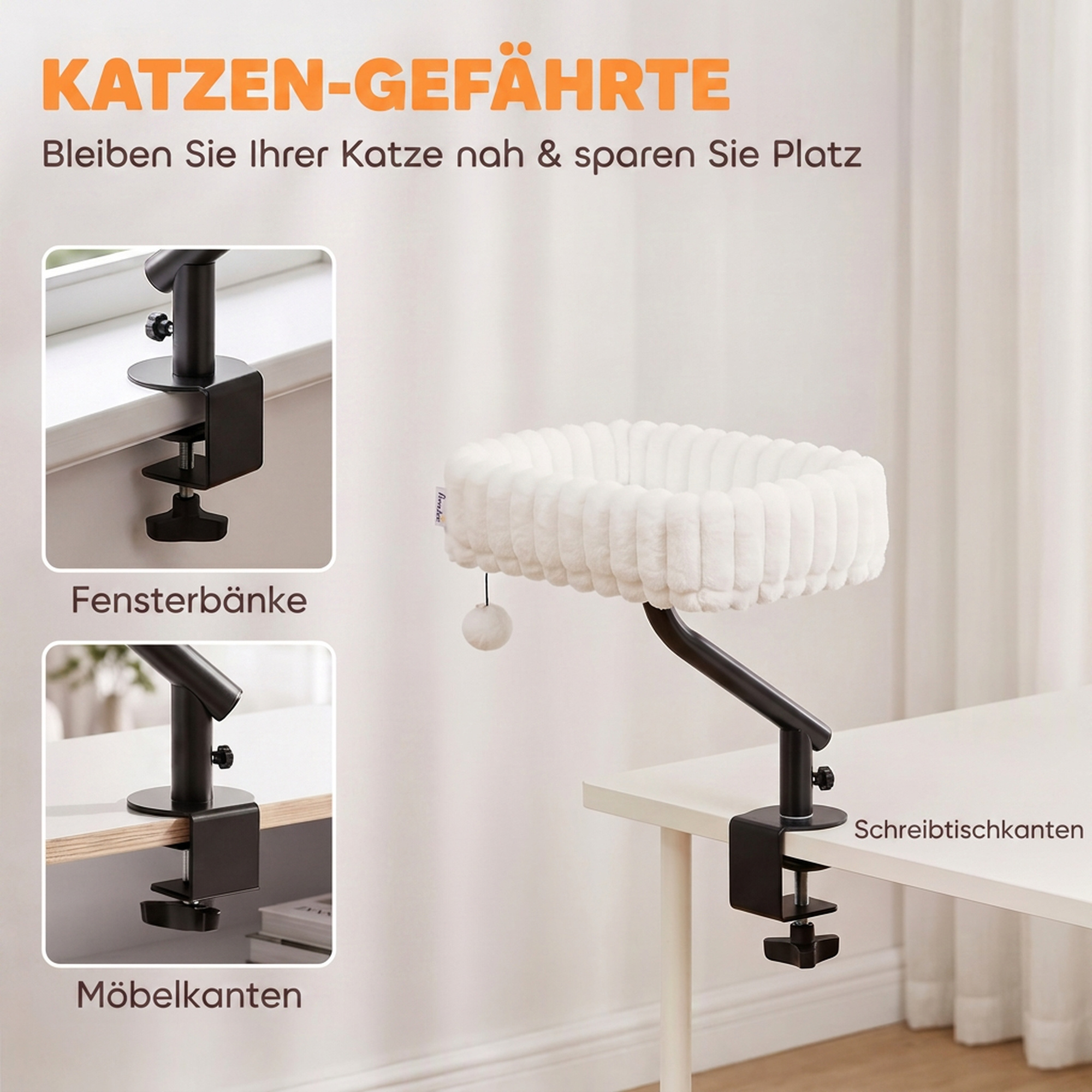 Katzen-Schreibtischbett, Katzenbett für Schreibtisch mit 360°Drehung, Hängeball verstellbare Klemme für Katze unter 6 kg