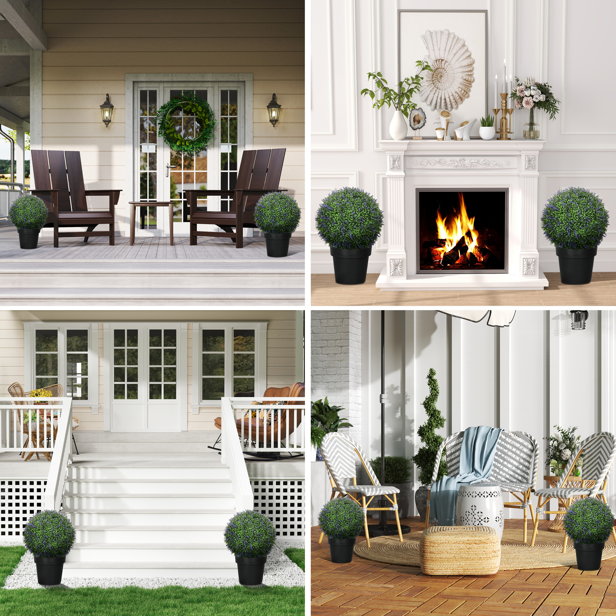 2er-Set künstliche Pflanzen in Kugelform, UV-beständig, Kunstpflanzen für Indoor- und Outdoor-Bereich, 42 cm, Grün+Lila