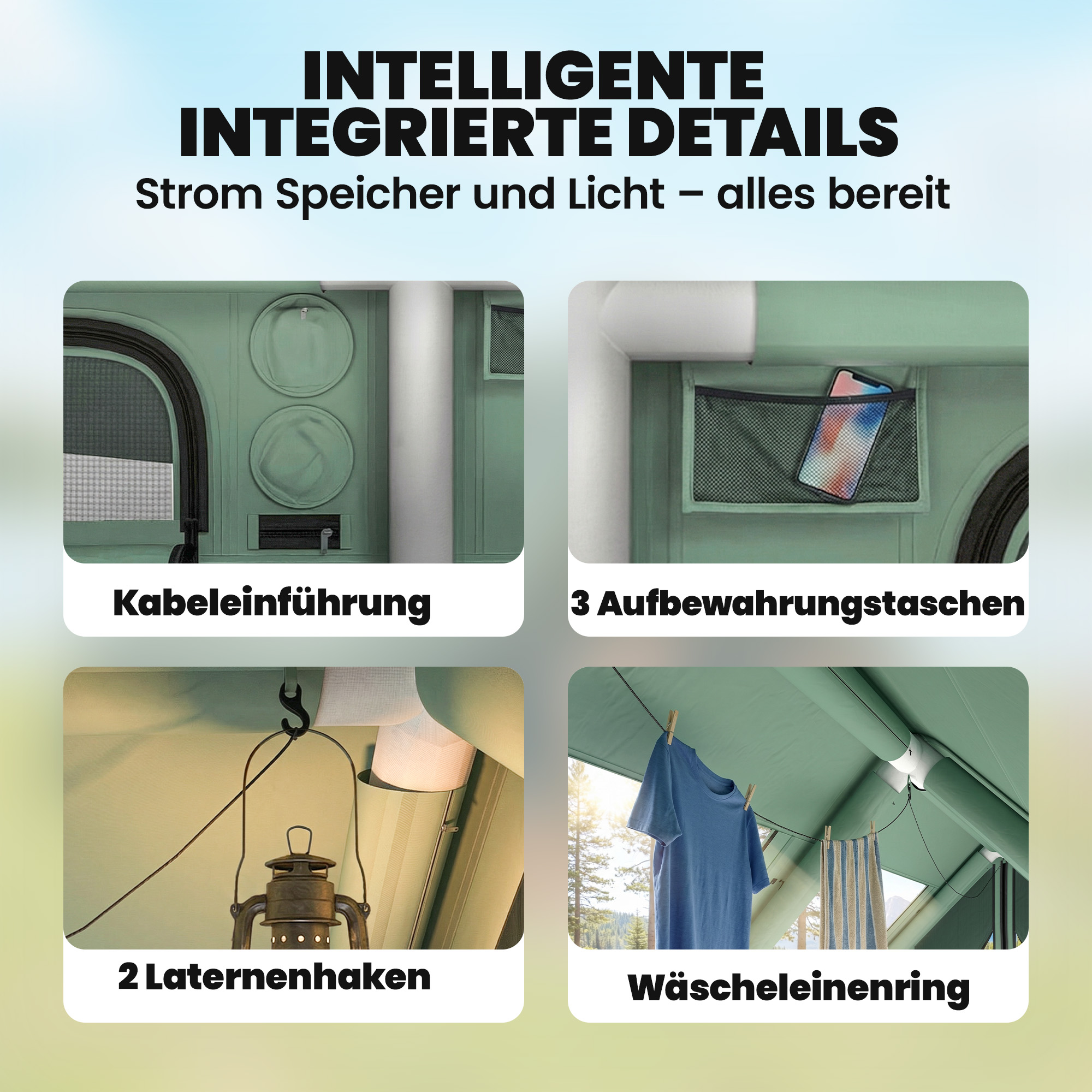 aufblasbares Zelt 8-10 Personen Schneller Aufbau 4-Jahreszeiten Wasserdicht Kratzfest Zelt mit Kaminöffnung Dachfenster