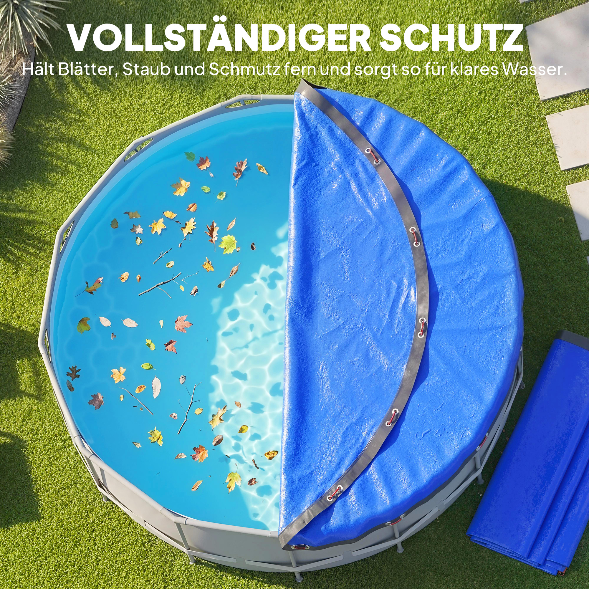 Poolabdeckung rund Ø 550 cm staub- und wasserdichte Abdeckplane mit Sicherungsseil Spanner für Sommer & Winter, Blau