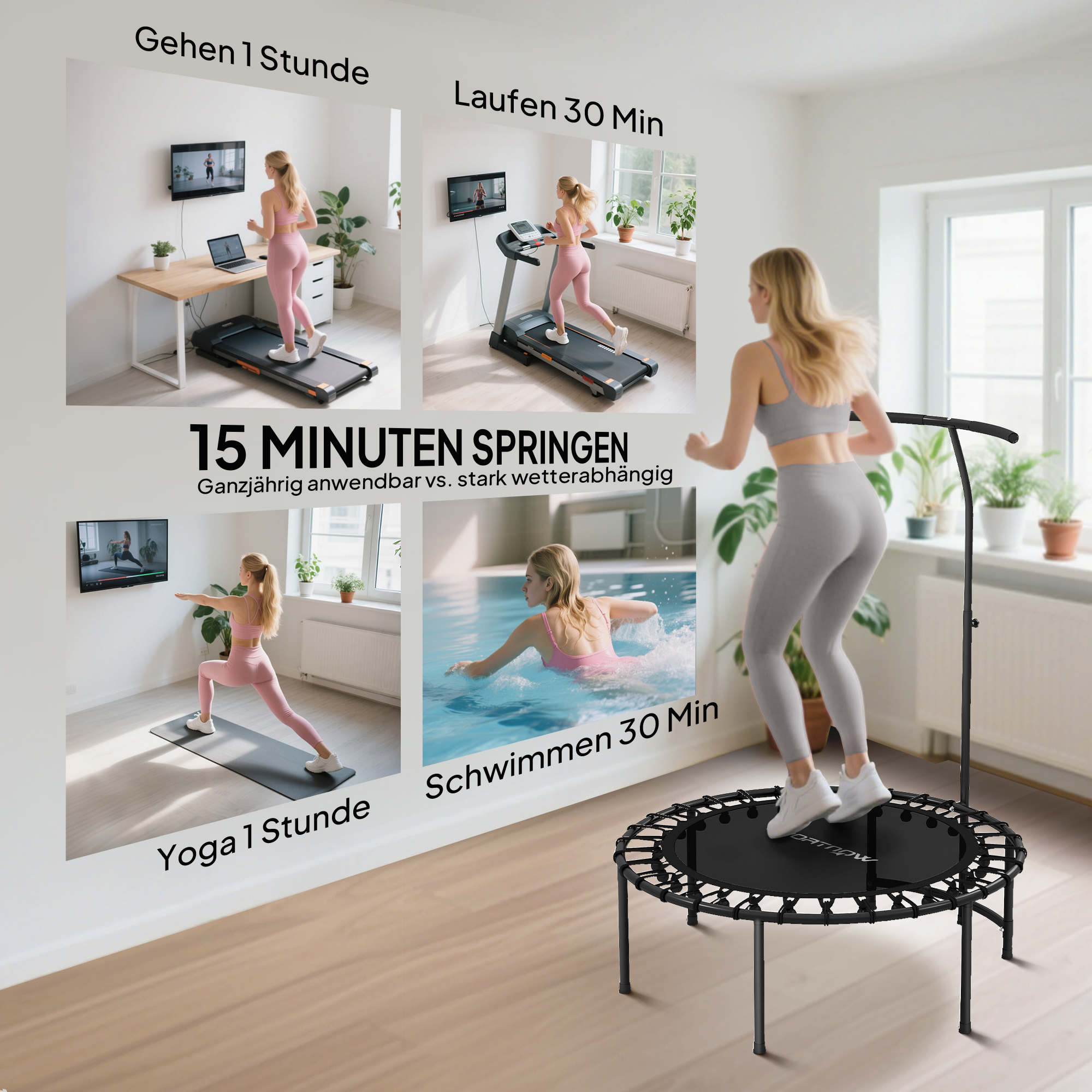 Rebounder-Trampolin, 5-stufig verstellbarer Griff, Workout-Trampolin, Schwarz