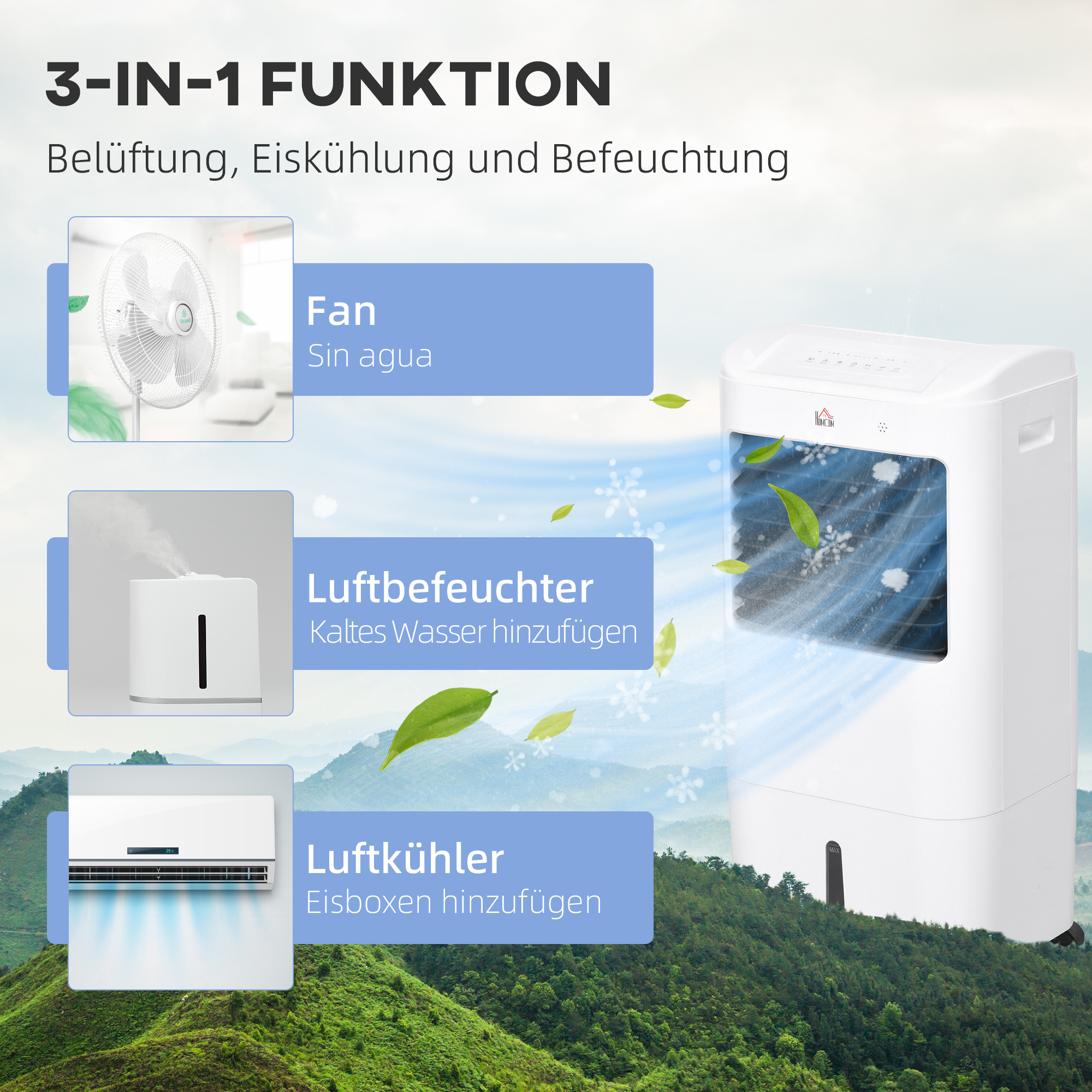 Luftkühler, Klimaanlage, 3 Modi, 7,5 Stunden-Timer, rollbar, Kunststoff, Weiß