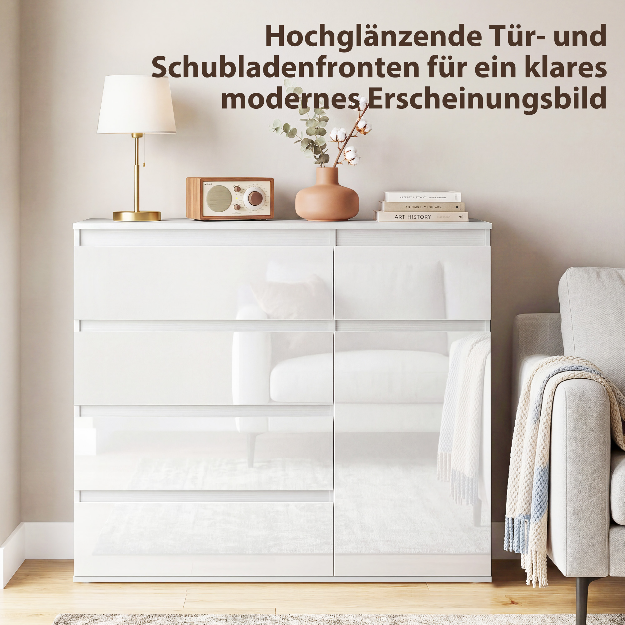 Modernes Sideboard, Stauraum-Sideboard mit 5 Schubladen, verstellbarem Regal, Soft-Close-Tür, Weiß Hochglanz