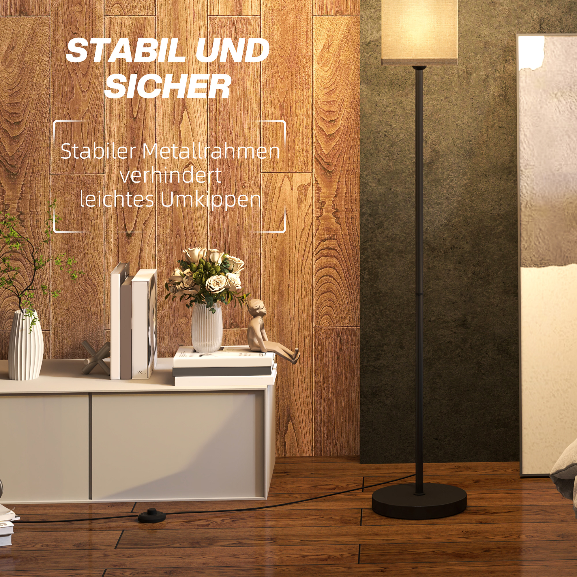 Moderne Stehlampe mit Kunstleinen-Schirm und Fußschalter, für Wohnzimmer und Schlafzimmer, Metall, Schwarz