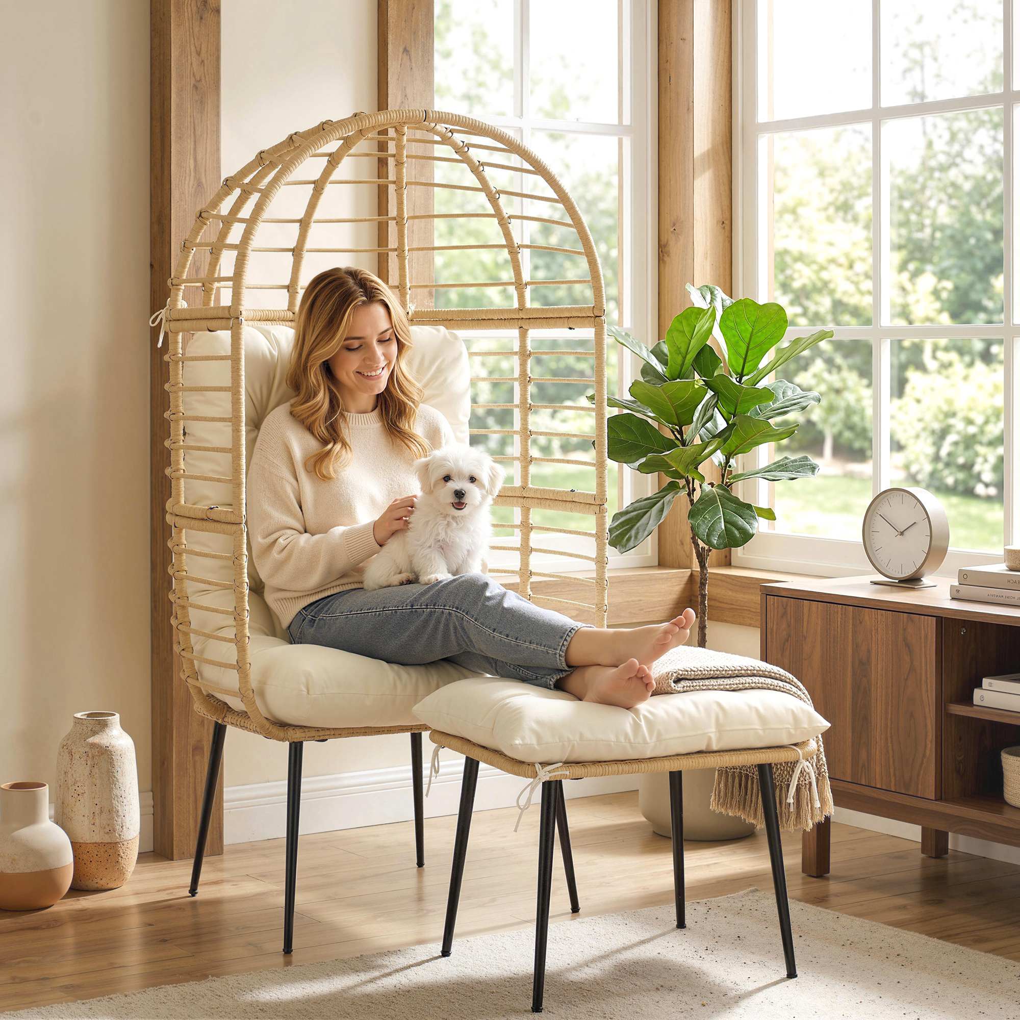 Gartensessel mit Hocker PE Rattan Ei-Form Korbsessel mit langen & dicken Kissen Metallrahmen Beige