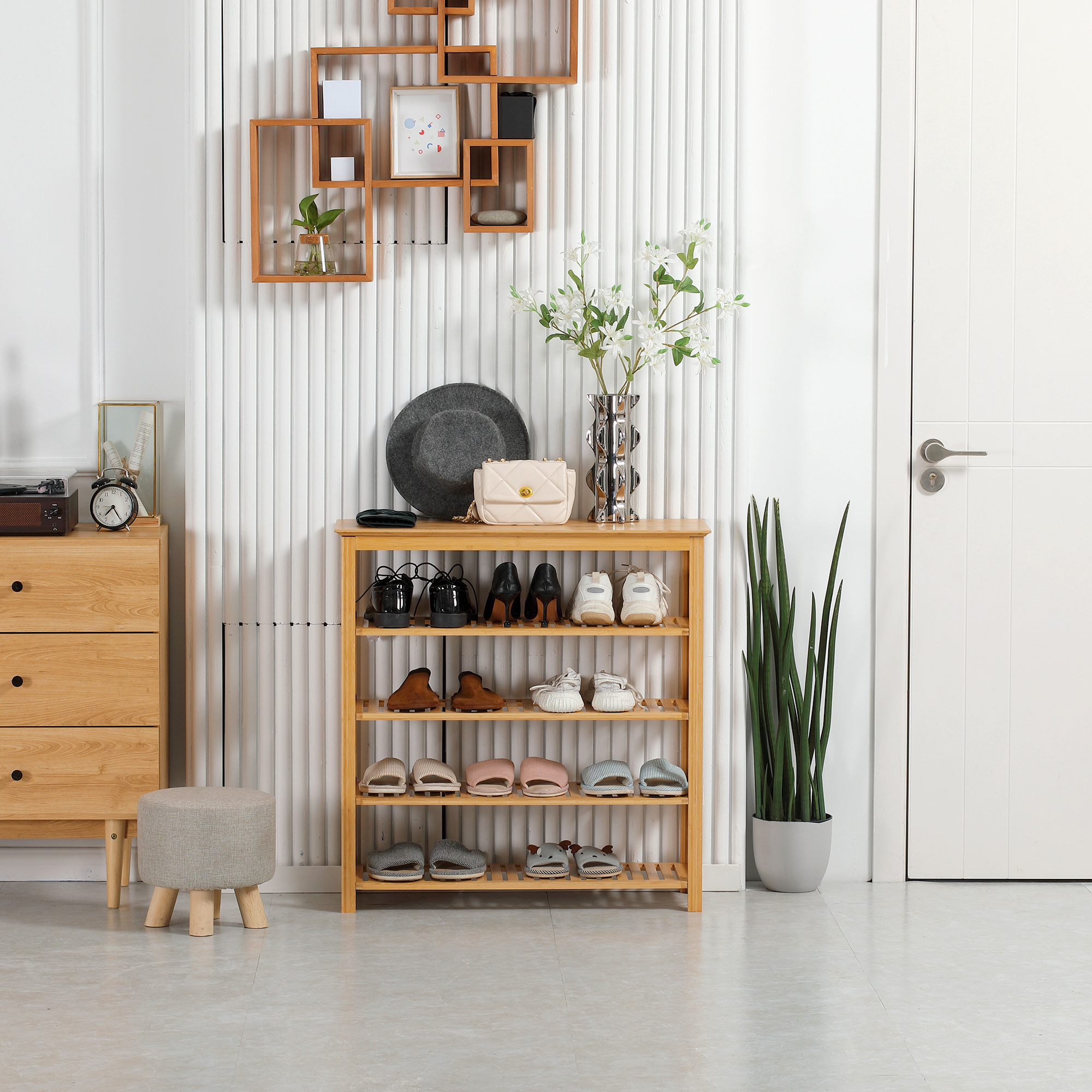 Schuhregal mit 4 Regalen, Bambus, Lamellen, bis Größe EU 45, Natur