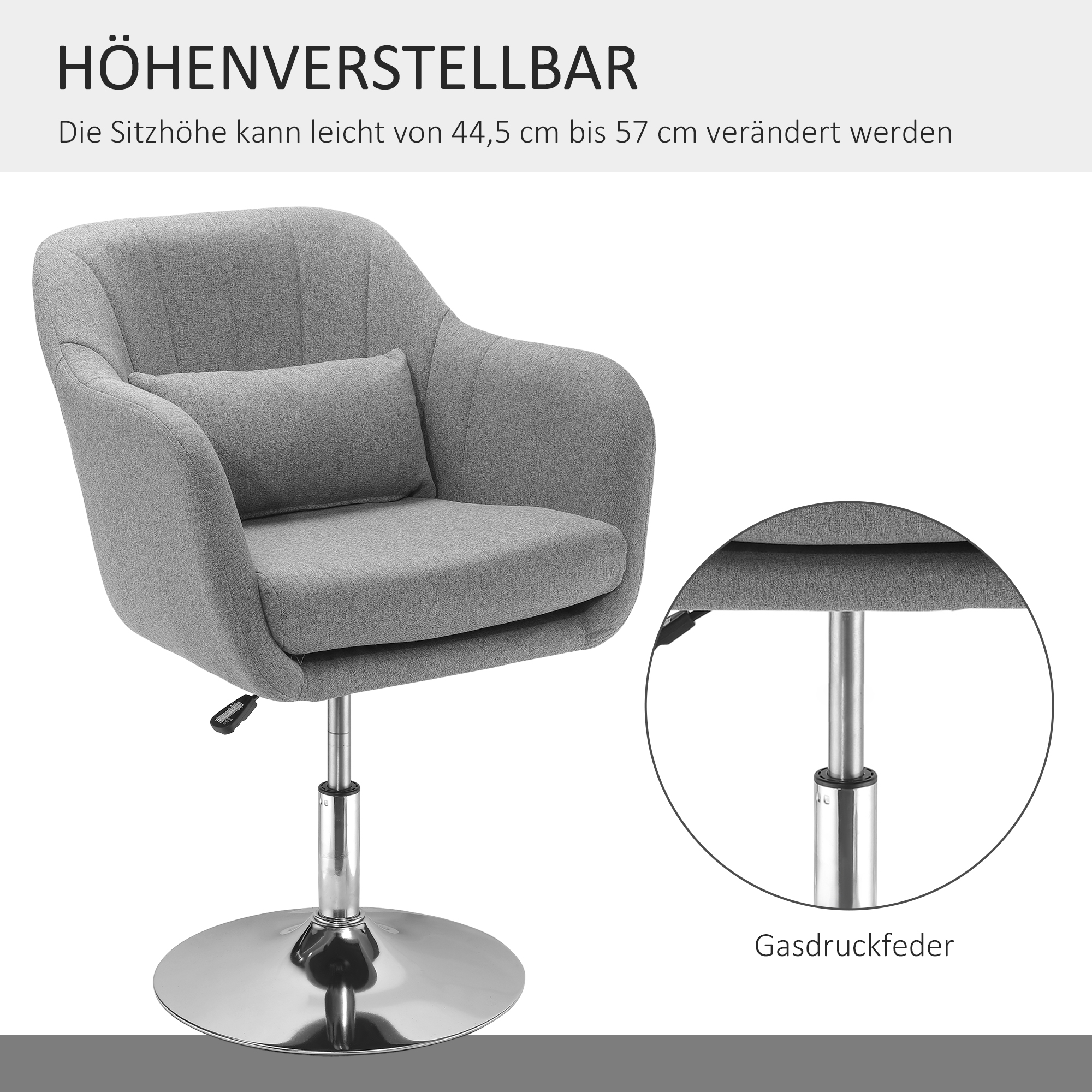 Arbeitshocker Drehhocker bis 136 kg, höhenverstellbar, leinenartiges Polyester, Stahl, Grau, 60 x 60 x 79-91 cm