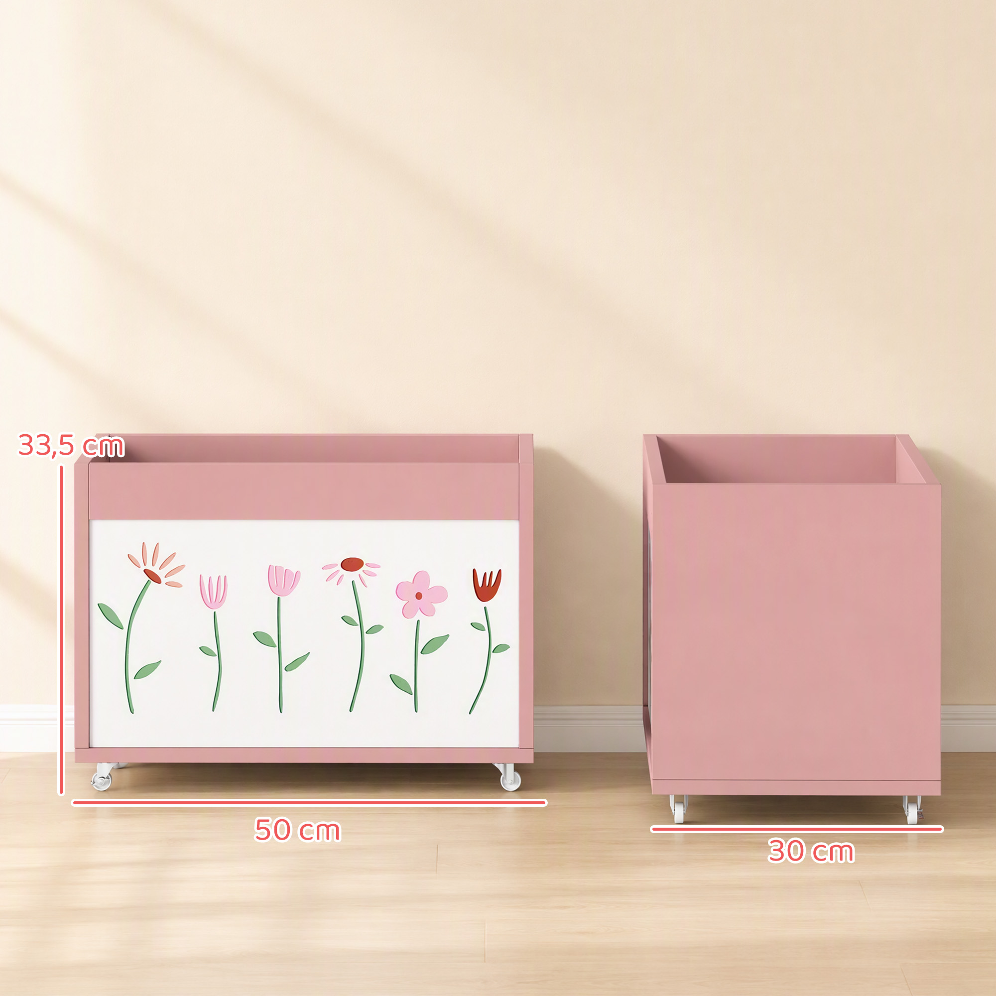 Spielzeugkiste, Aufbewahrungsbox mit Rollen Bremsen, 34,5 L offene Spielzeugtruhe mit Blumenmuster, 50 x 30 x 33,5 cm
