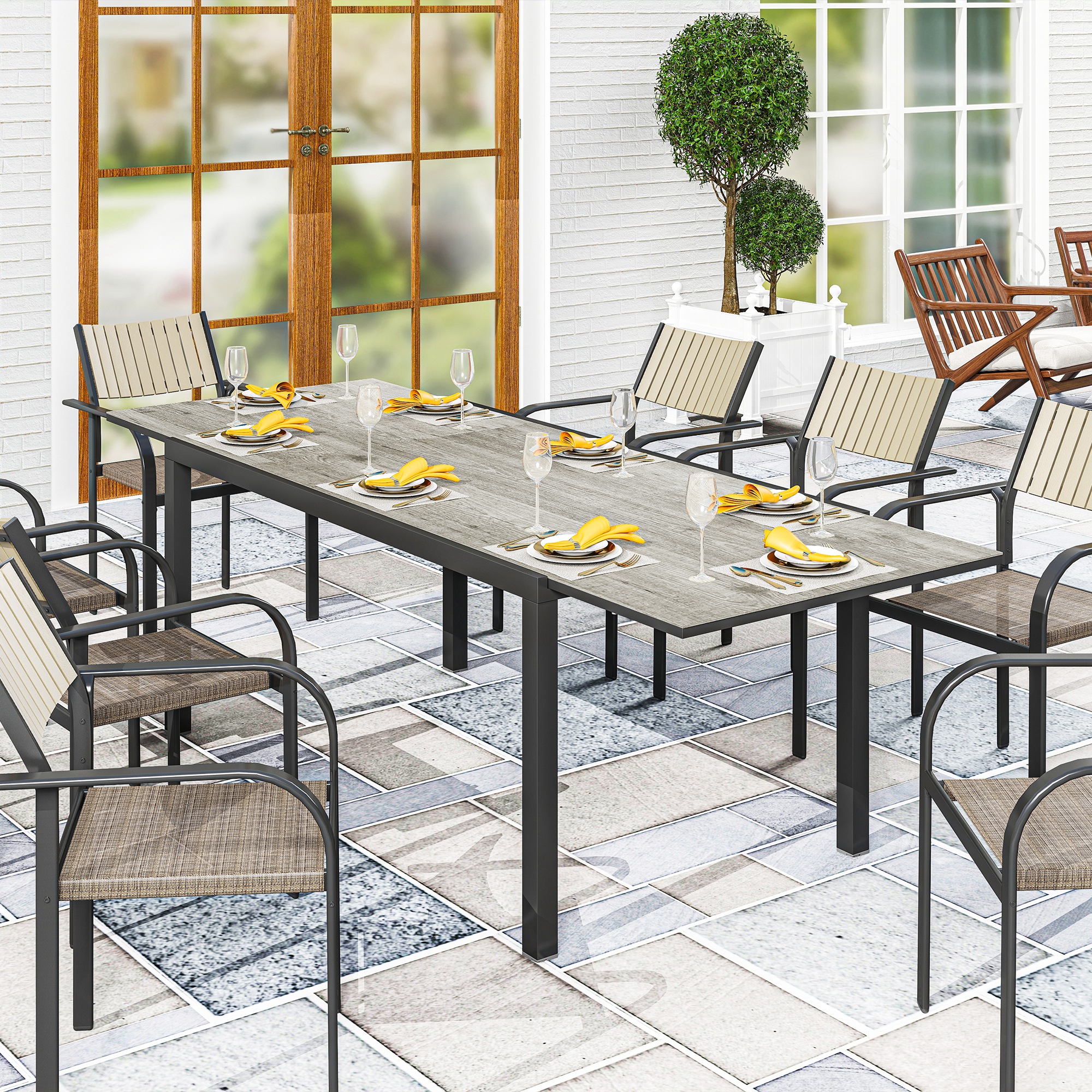 ausziehbarer Esstisch für 6-8 Personen, Verstellbarer Outdoor-Tisch aus Aluminium, Stahl, Kunststoff, Holzoptik, Grau