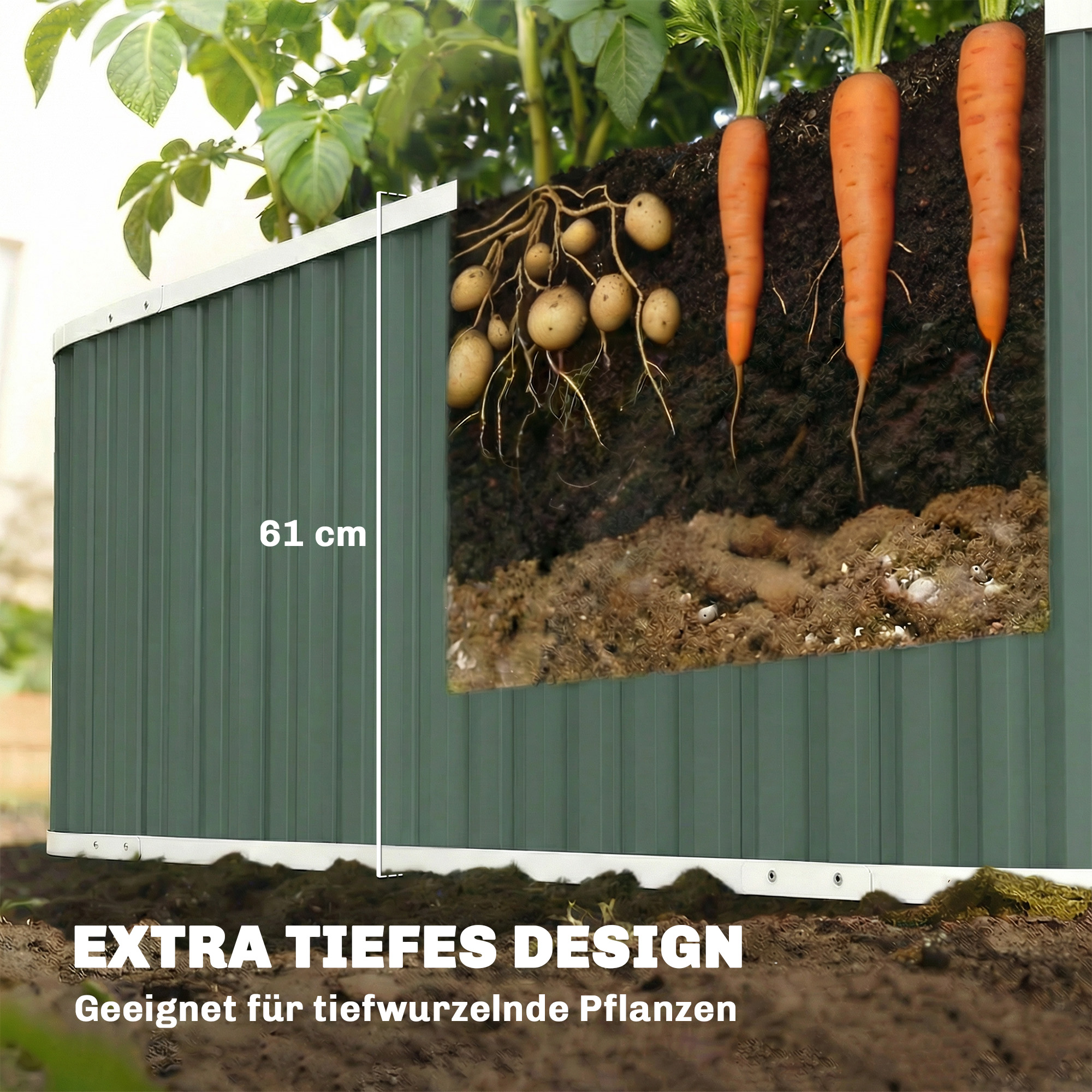 Hochbeet Metall 136 x 53 x 61 cm Tief Gartenbeet mit Schutzkanten Pflanzenetiketten Handschuhe Offenem Boden